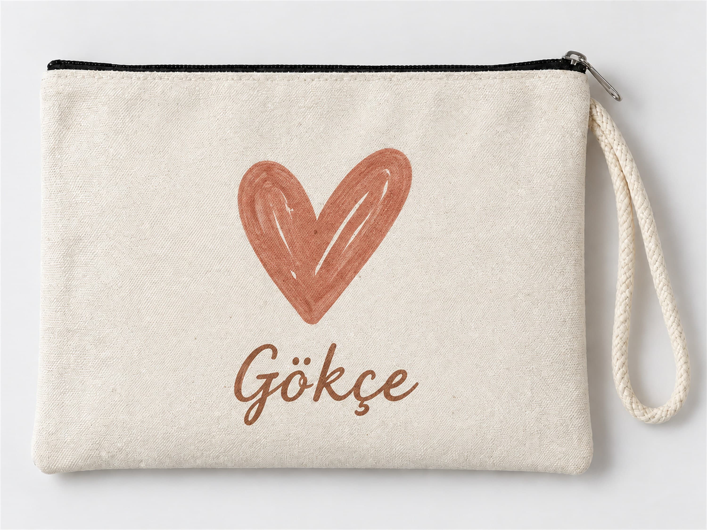 Kişiye Özel Büyük Kalp Baskılı Fermuarlı Makyaj Çantası Bozuk Para Cüzdanı Clutch