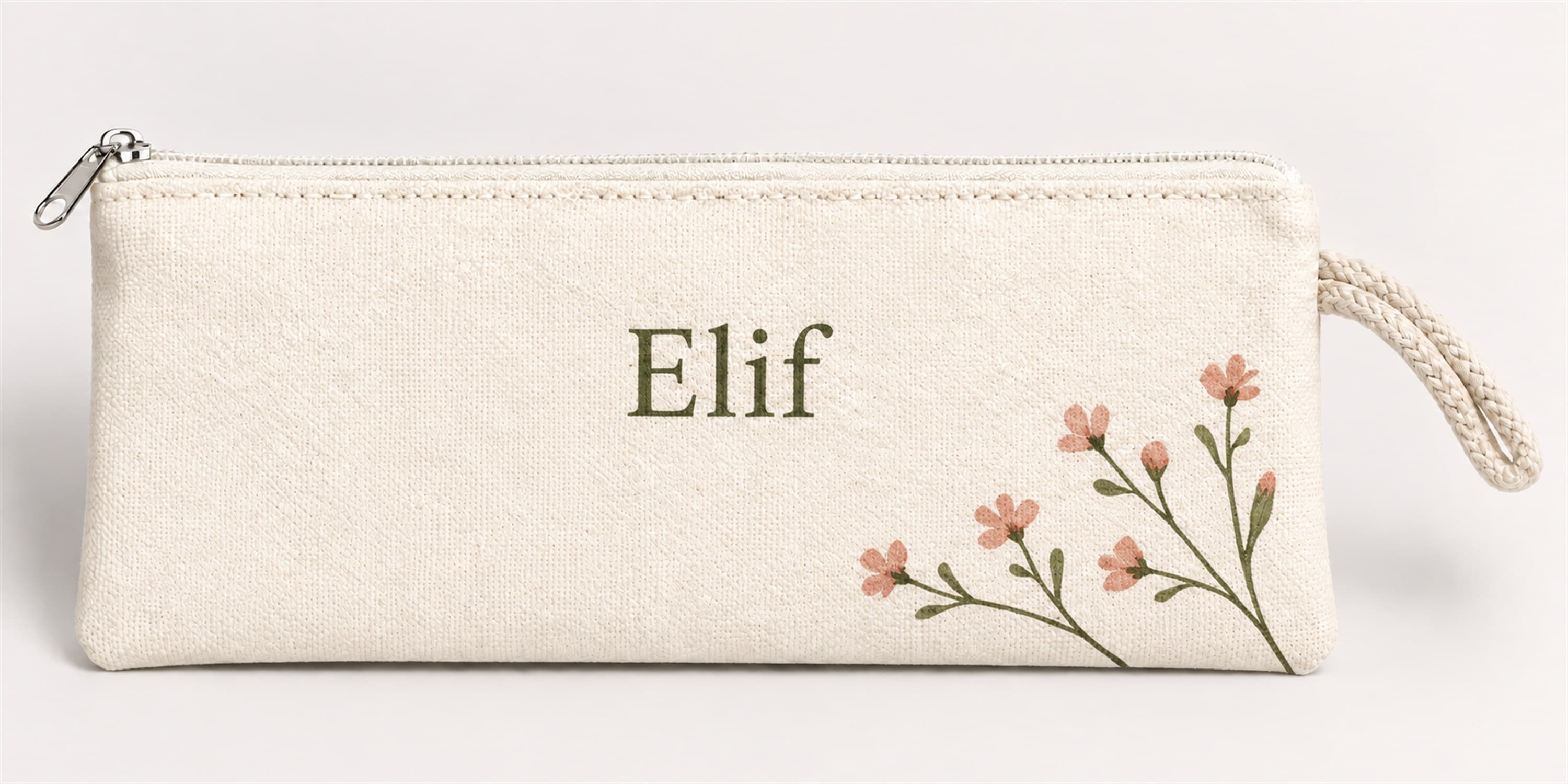 Kişiye Özel Pembe Çiçek Dalı Baskılı Fermuarlı Clutch El Çantası Makyaj Çantası