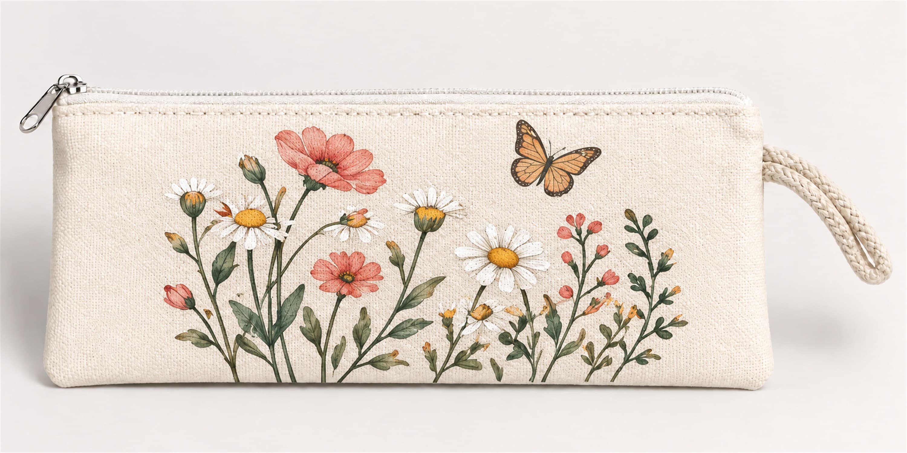 Kelebekli Kır Çiçekleri Baskılı Fermuarlı Clutch El Çantası Makyaj Çantası Model 01293
