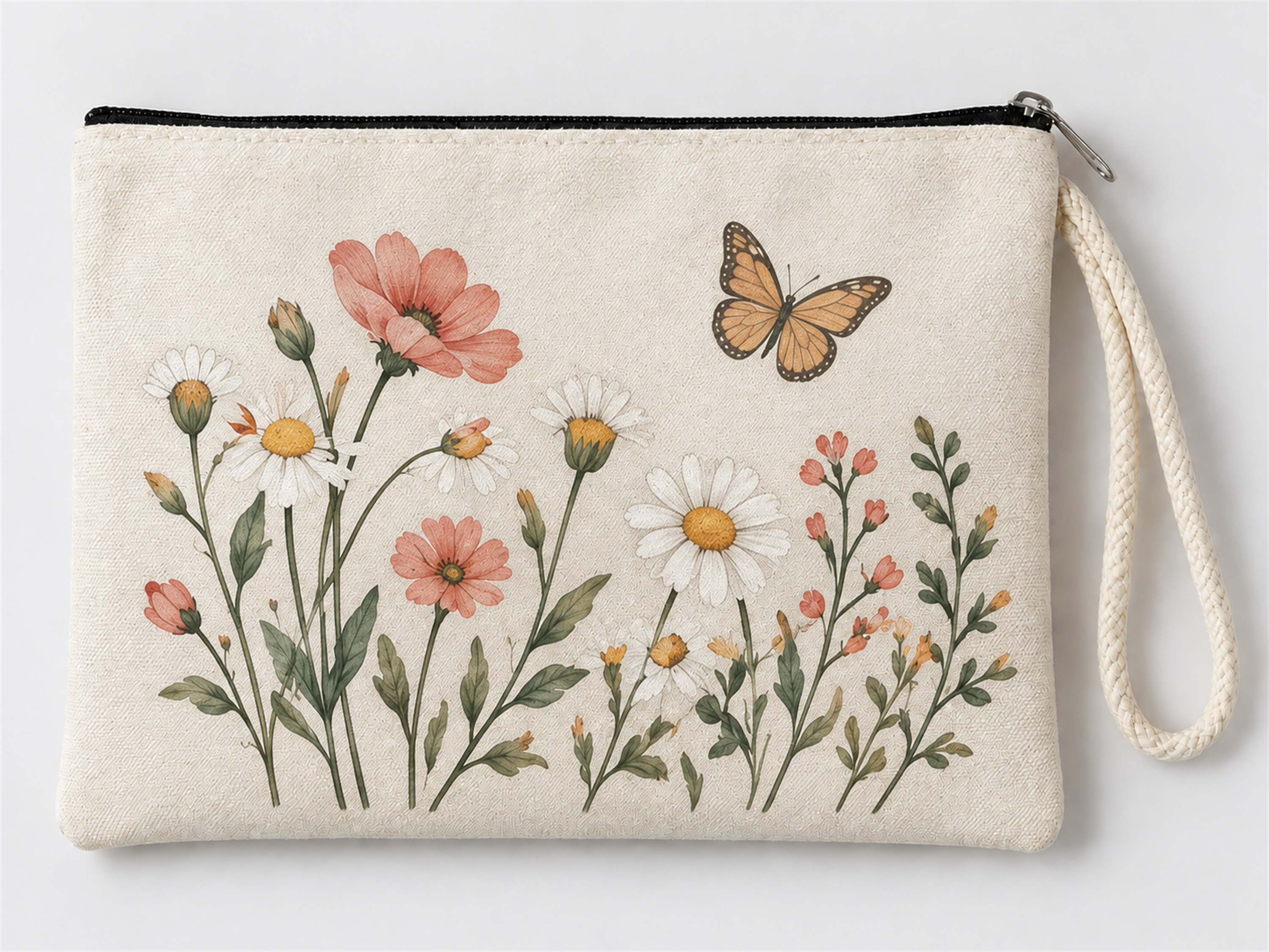 Kelebekli Kır Çiçekleri Baskılı Fermuarlı Makyaj Çantası Bozuk Para Cüzdanı Clutch Model 01293