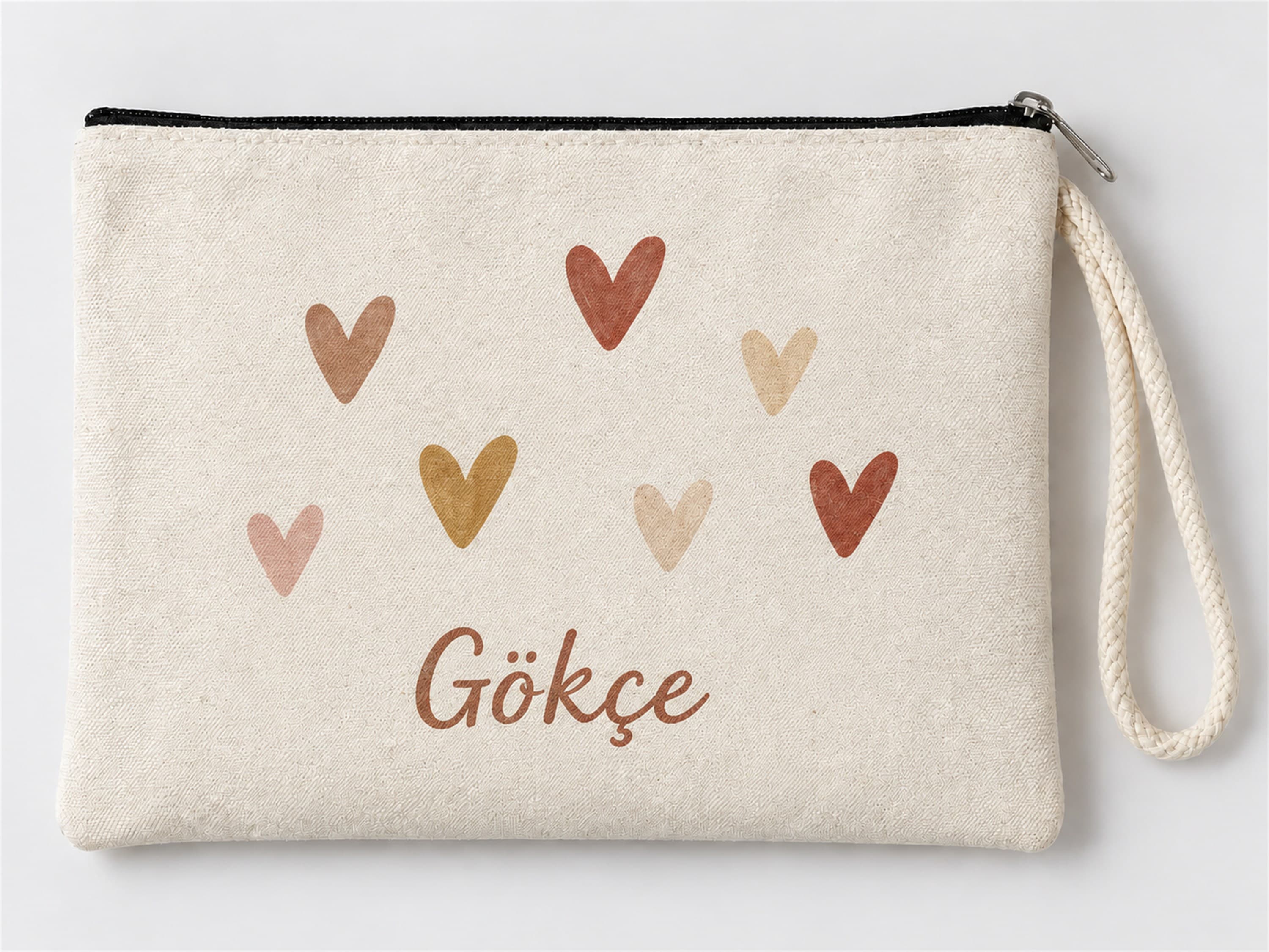 Kişiye Özel Renkli Kalpler Baskılı Fermuarlı Makyaj Çantası Bozuk Para Cüzdanı Clutch