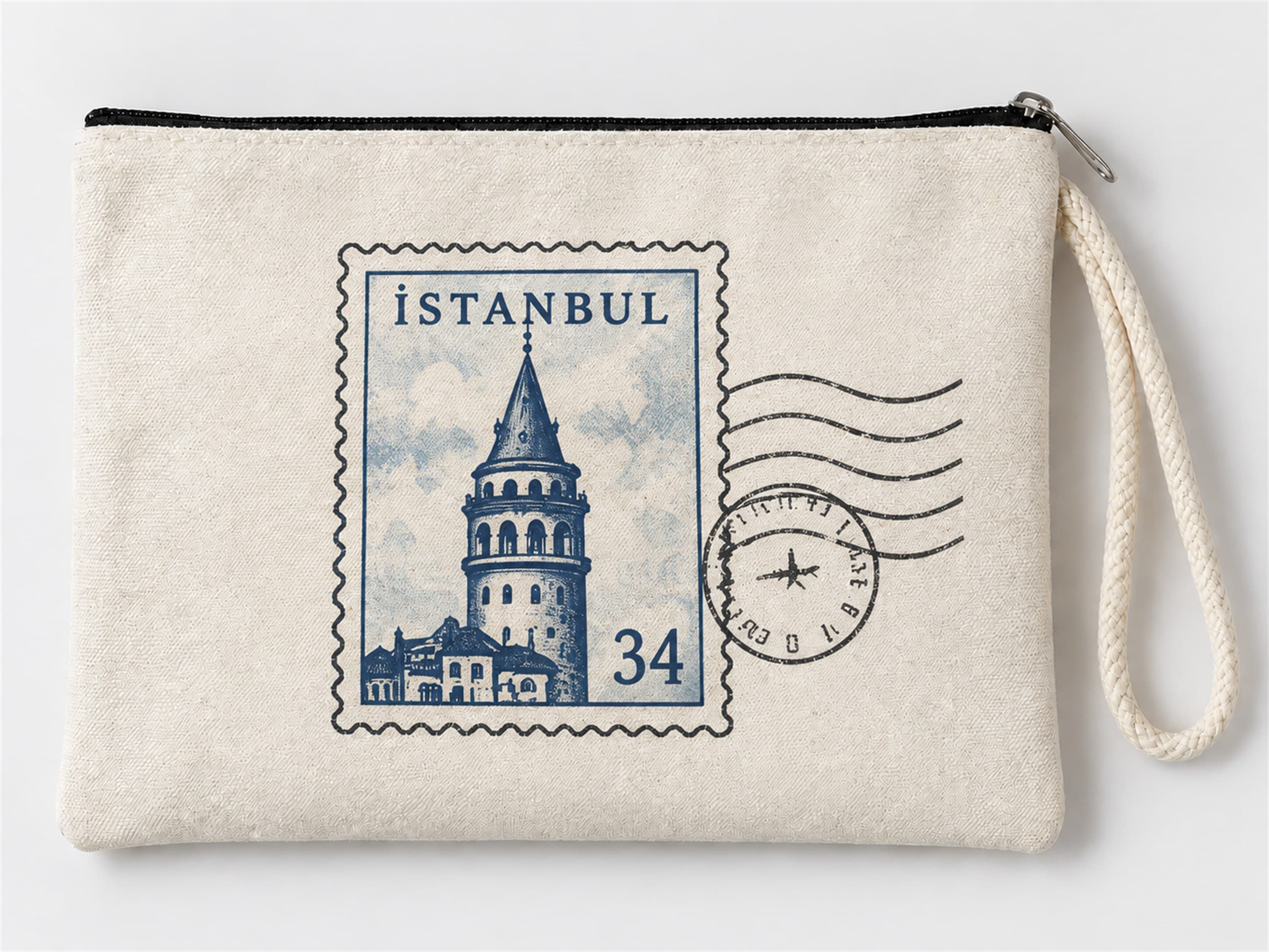 Galata Kulesi Pul Baskılı Fermuarlı Makyaj Çantası Bozuk Para Cüzdanı Clutch
