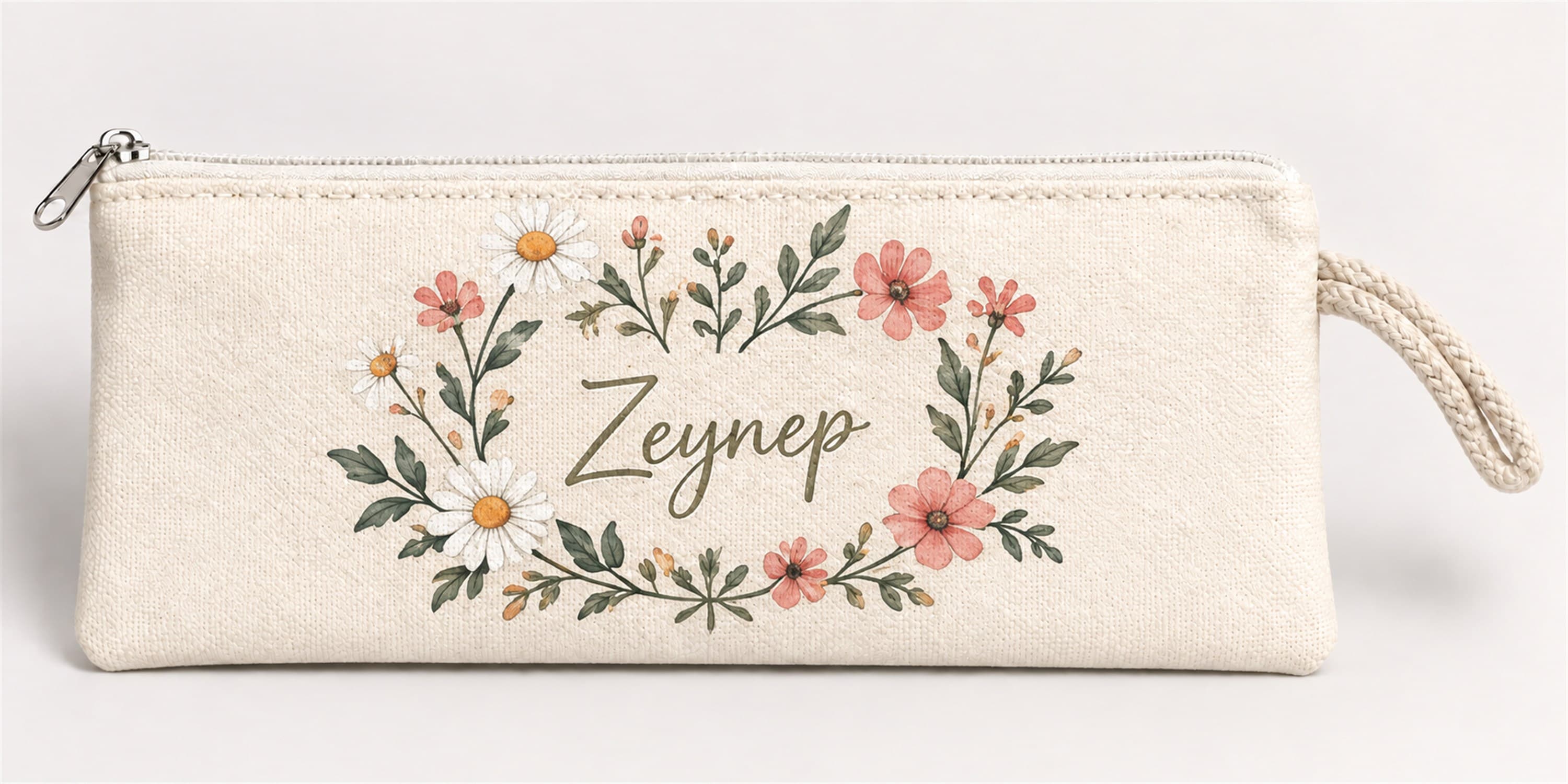 Kişiye Özel Çiçek Çelengi Baskılı Fermuarlı Clutch El Çantası Makyaj Çantası Model 01287
