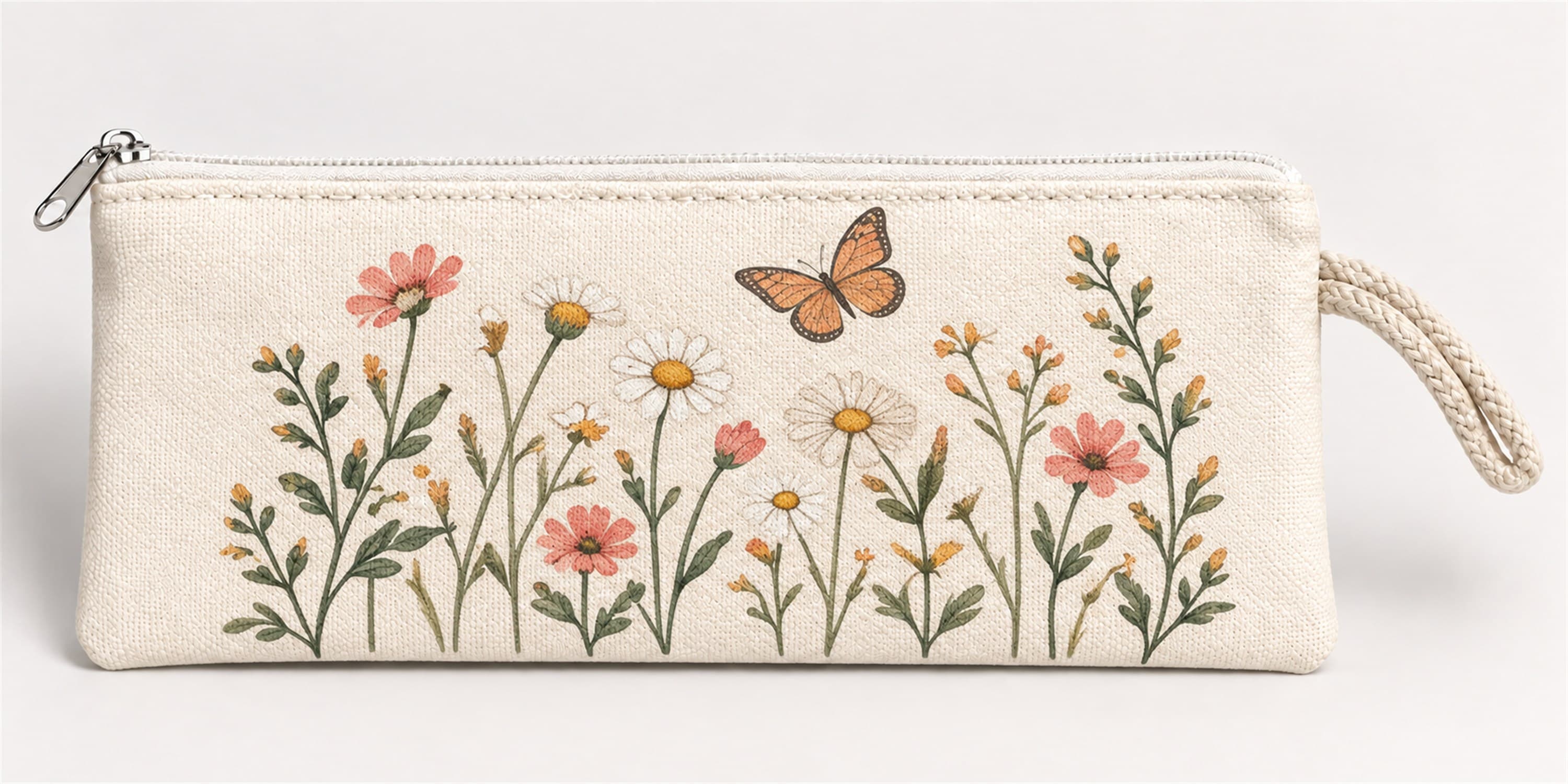 Kelebekli Kır Çiçekleri Baskılı Fermuarlı Clutch El Çantası Makyaj Çantası Model 01298
