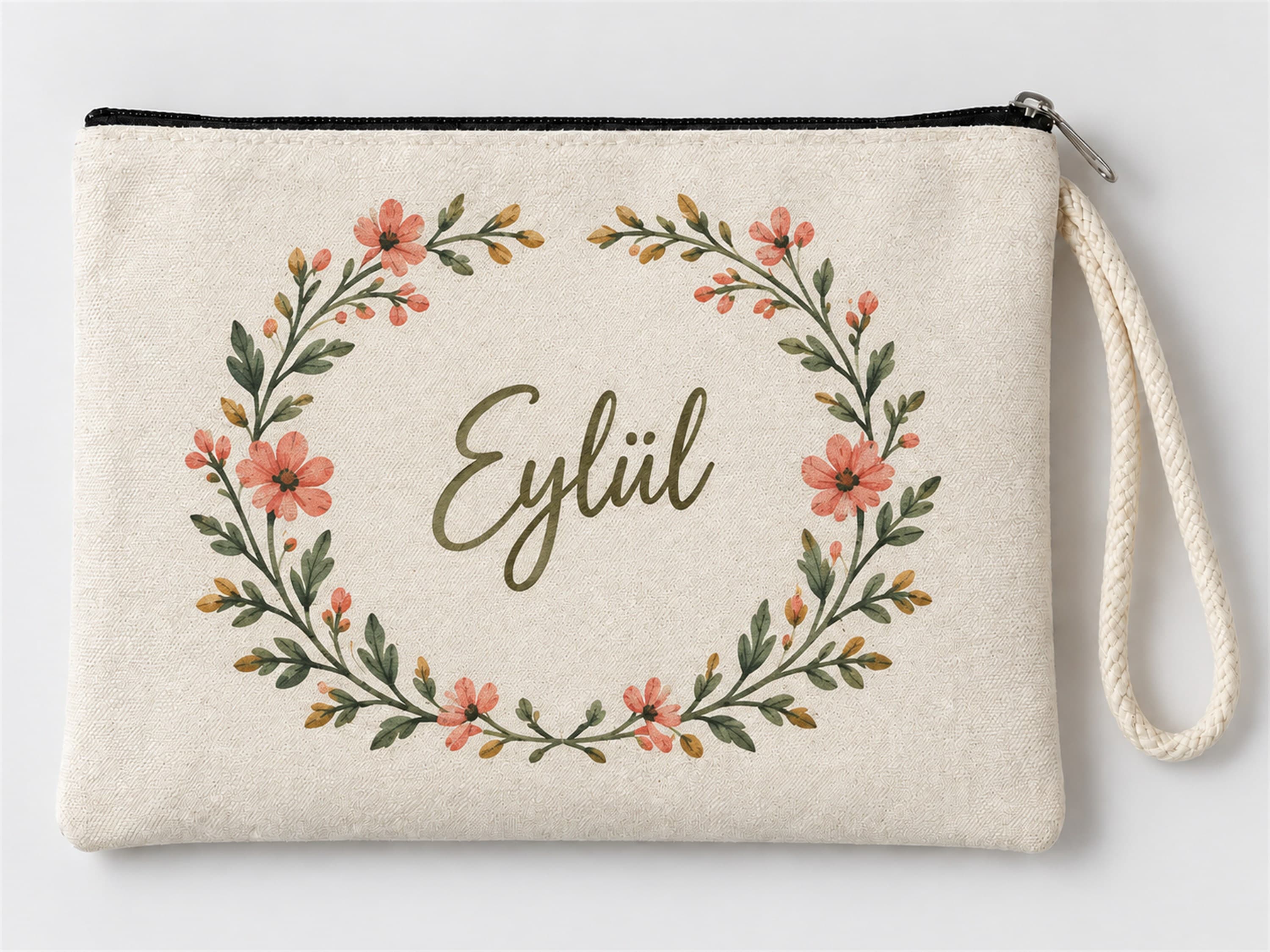 Kişiye Özel Çiçek Çelengi Baskılı Fermuarlı Makyaj Çantası Bozuk Para Cüzdanı Clutch Model 01292