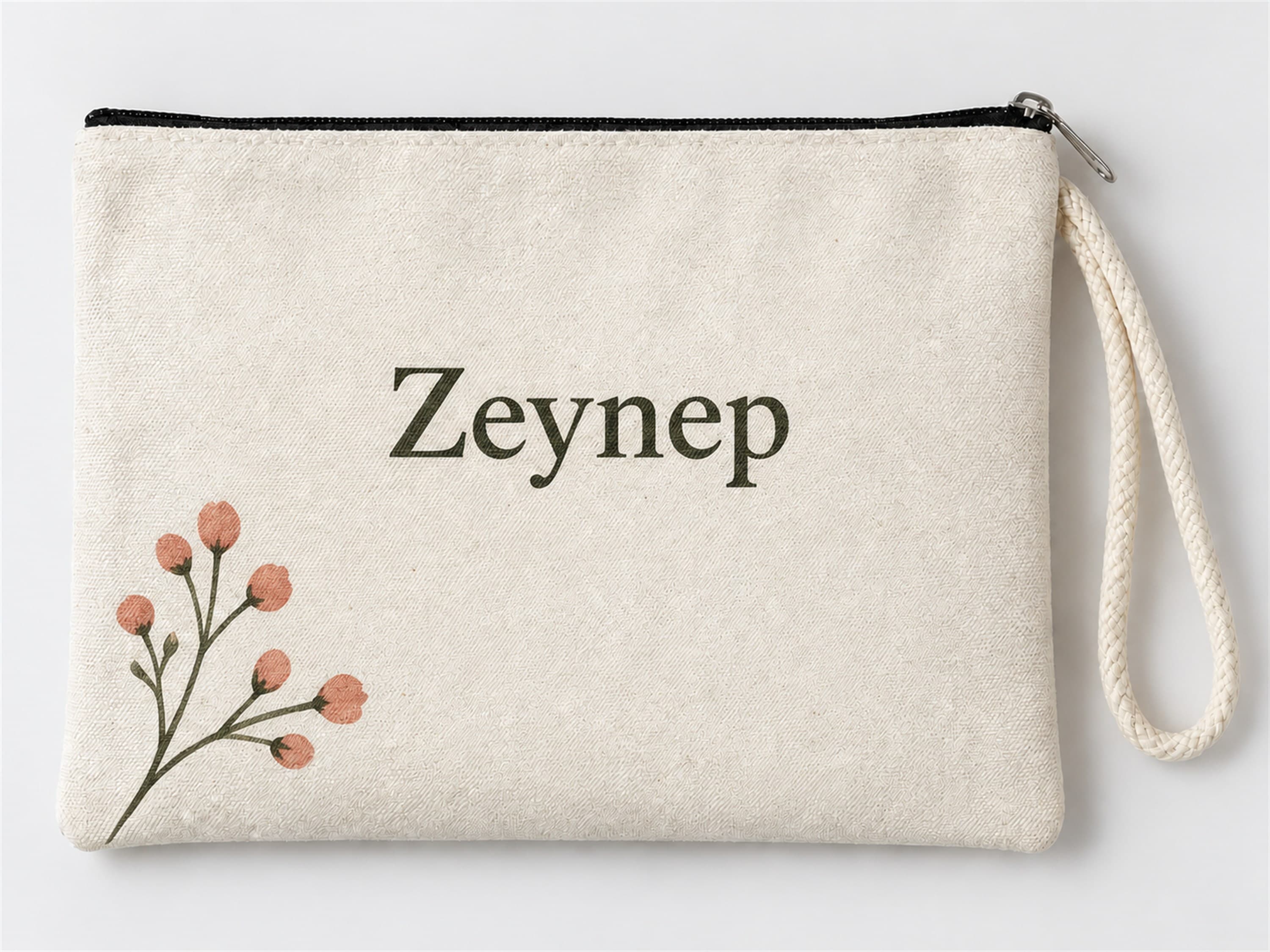 Kişiye Özel Pembe Tomurcuk Köşe Baskılı Fermuarlı Makyaj Çantası Bozuk Para Cüzdanı Clutch