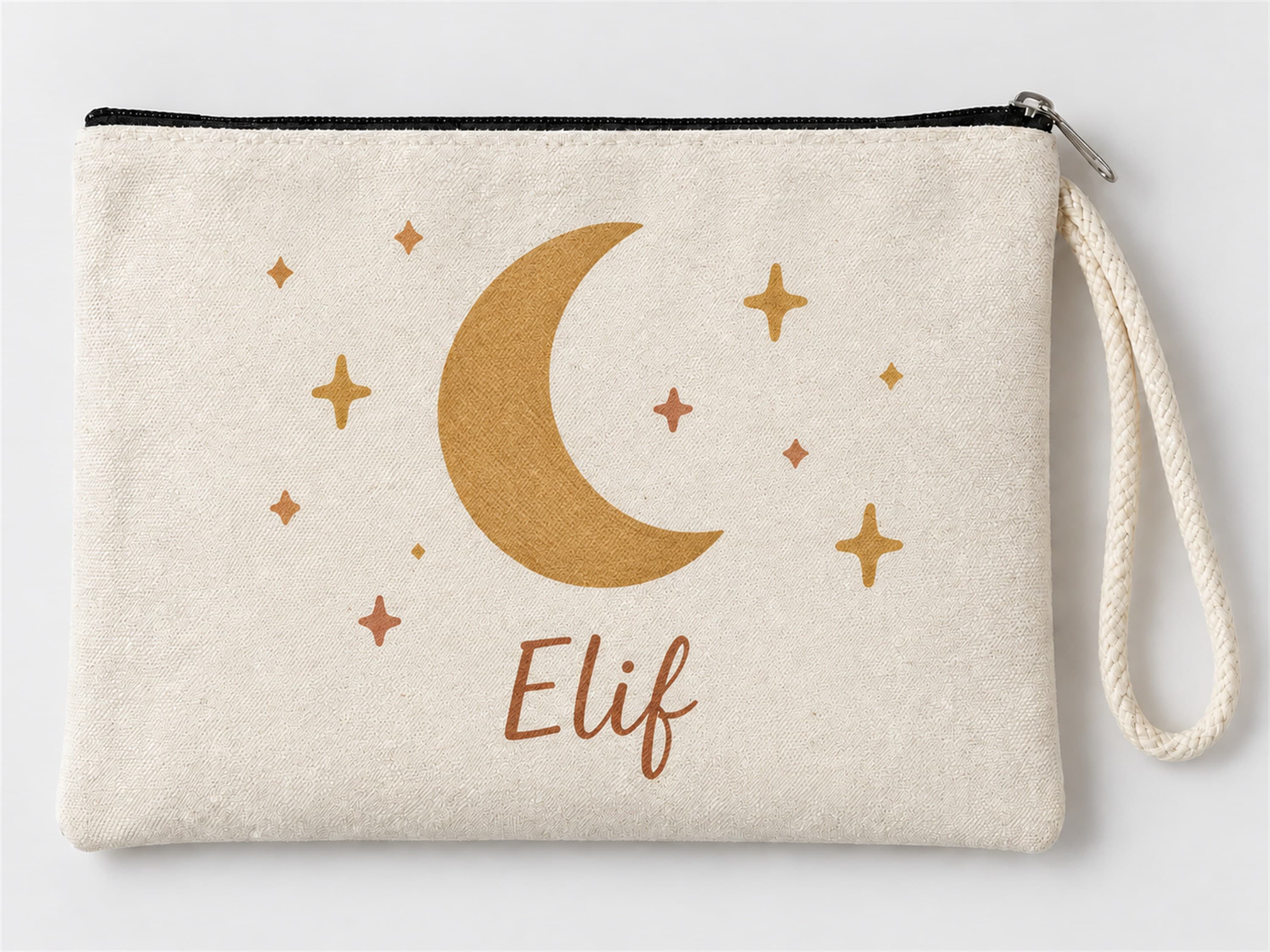 Kişiye Özel Ay ve Yıldız Baskılı Fermuarlı Makyaj Çantası Bozuk Para Cüzdanı Clutch
