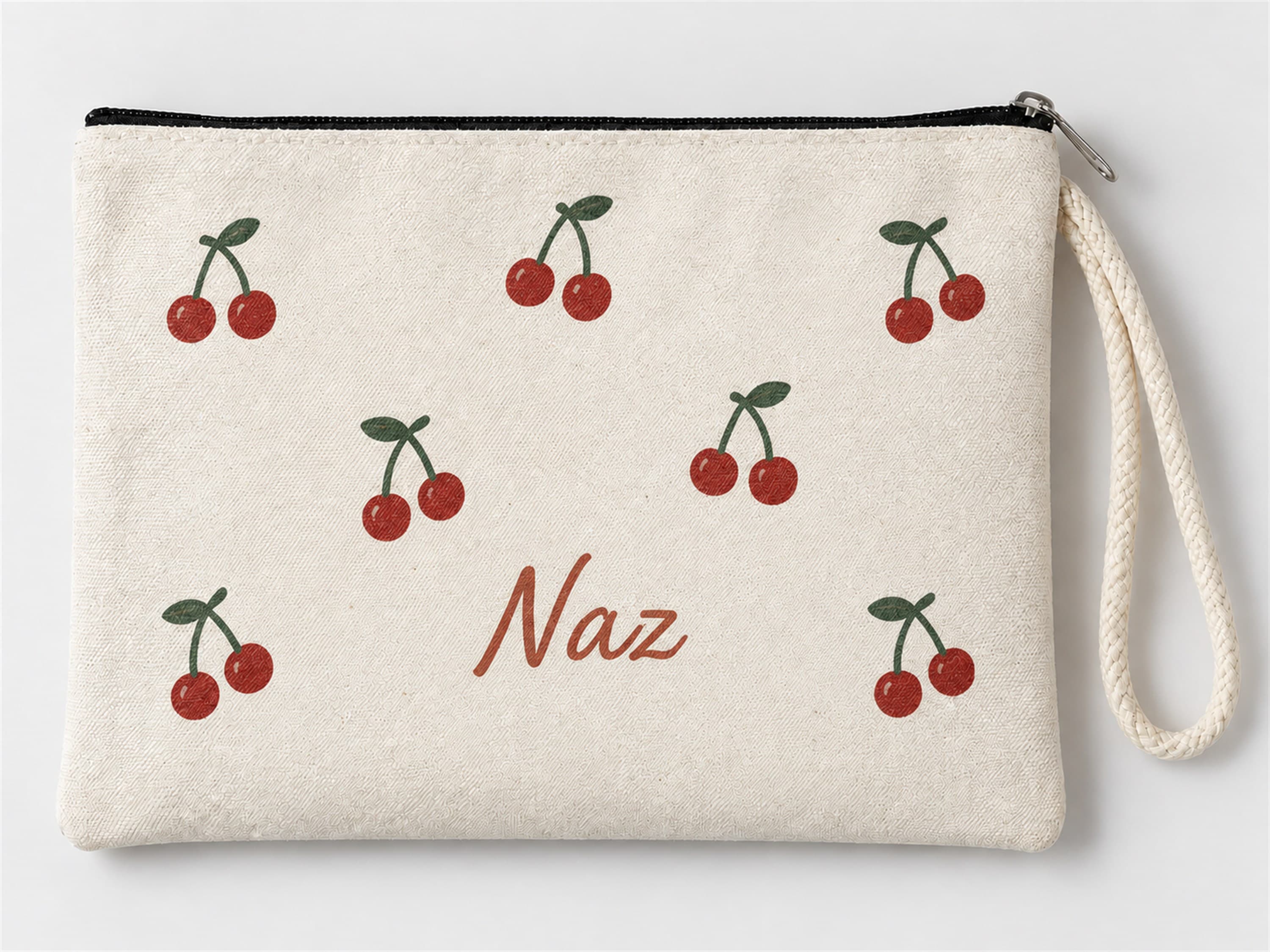Kişiye Özel Kiraz Deseni Baskılı Fermuarlı Makyaj Çantası Bozuk Para Cüzdanı Clutch