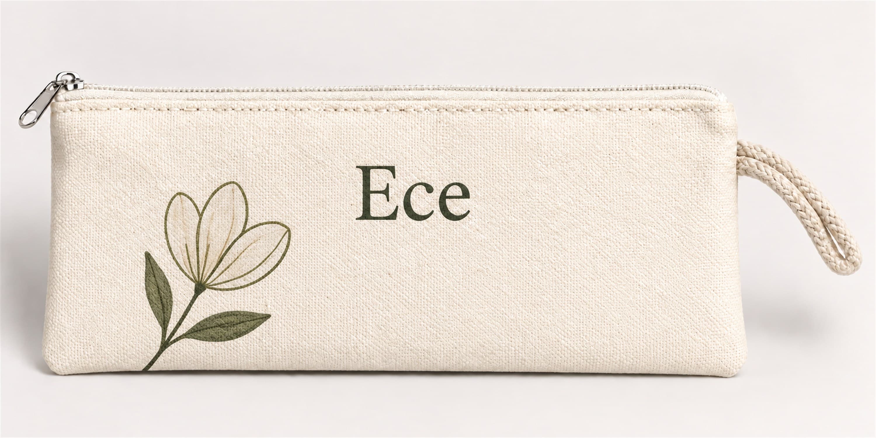 Kişiye Özel Beyaz Çiçek Köşe Baskılı Fermuarlı Clutch El Çantası Makyaj Çantası