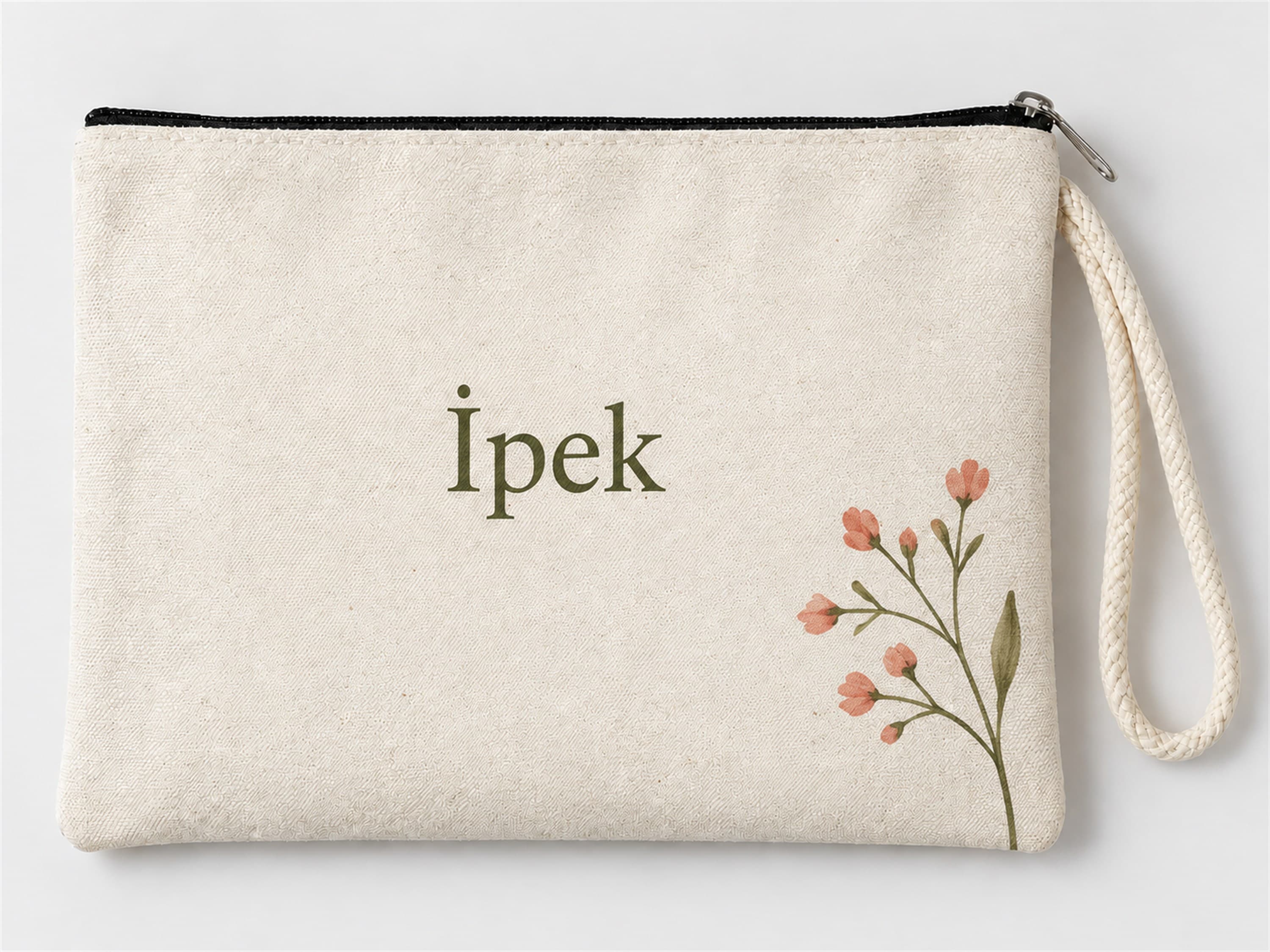 Kişiye Özel Pembe Çiçek Dalı Köşe Baskılı Fermuarlı Makyaj Çantası Bozuk Para Cüzdanı Clutch