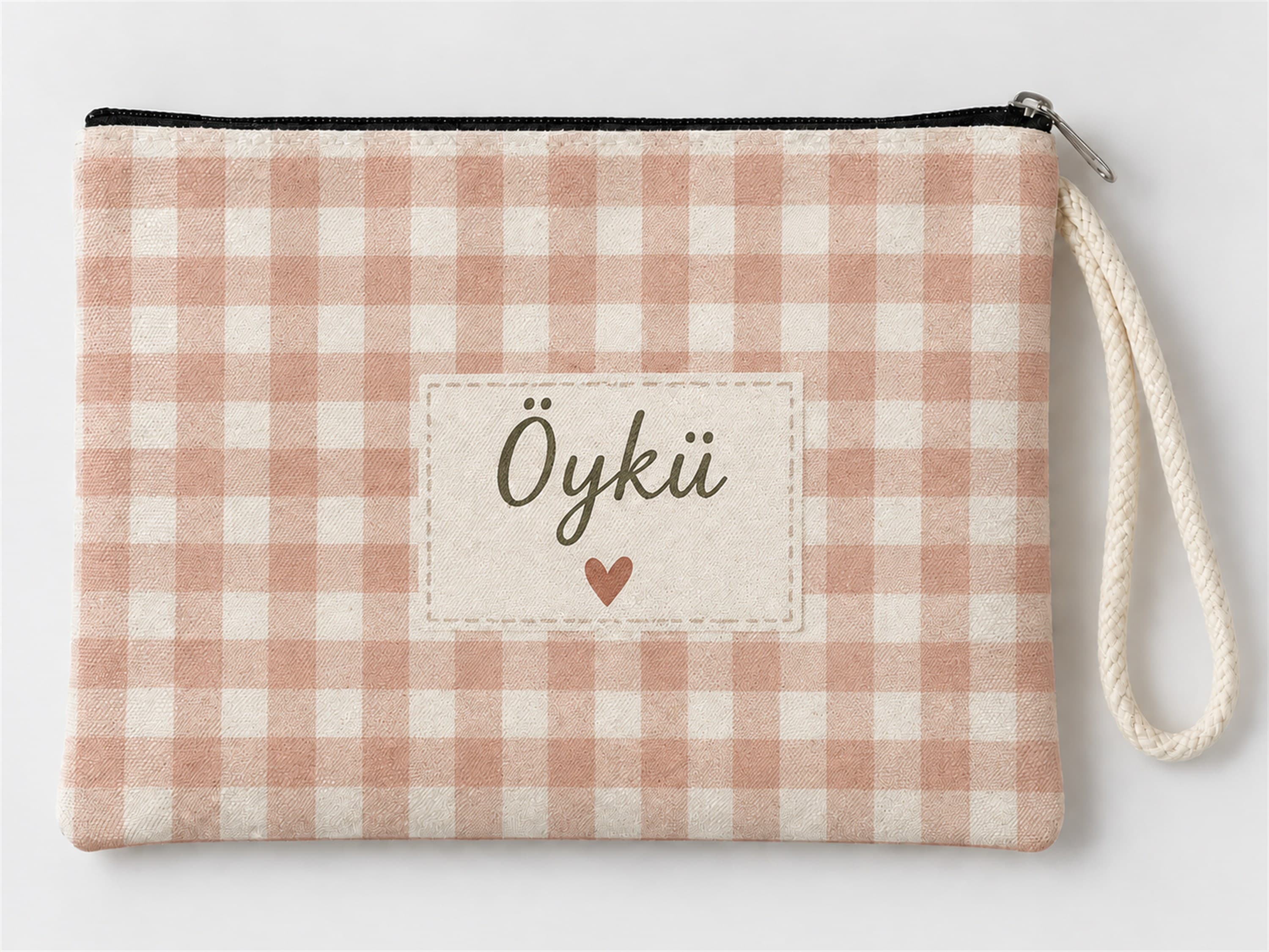 Kişiye Özel Pembe Ekose Etiket Baskılı Fermuarlı Makyaj Çantası Bozuk Para Cüzdanı Clutch