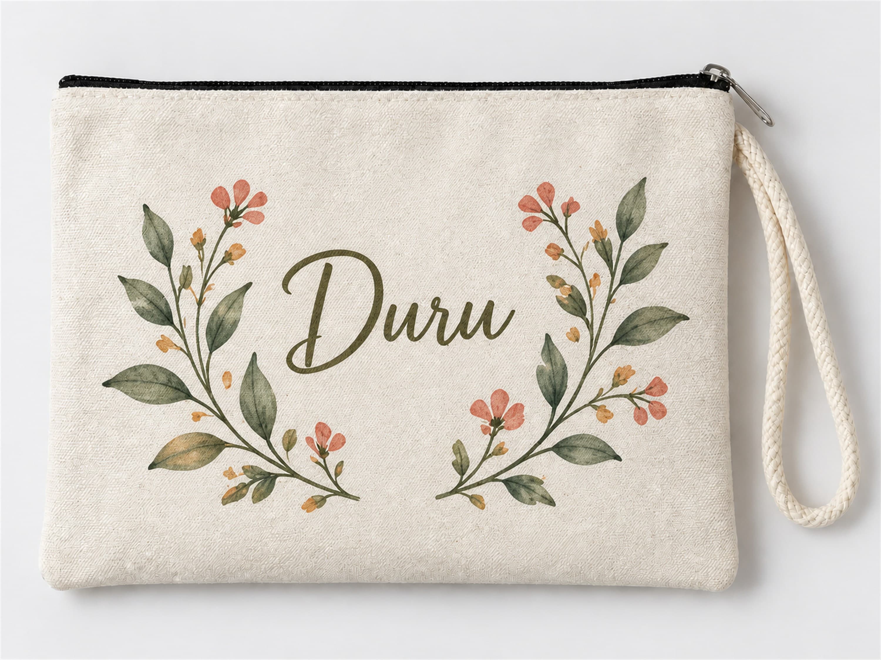 Kişiye Özel Çiçek Çelengi Baskılı Fermuarlı Makyaj Çantası Bozuk Para Cüzdanı Clutch Model 01289