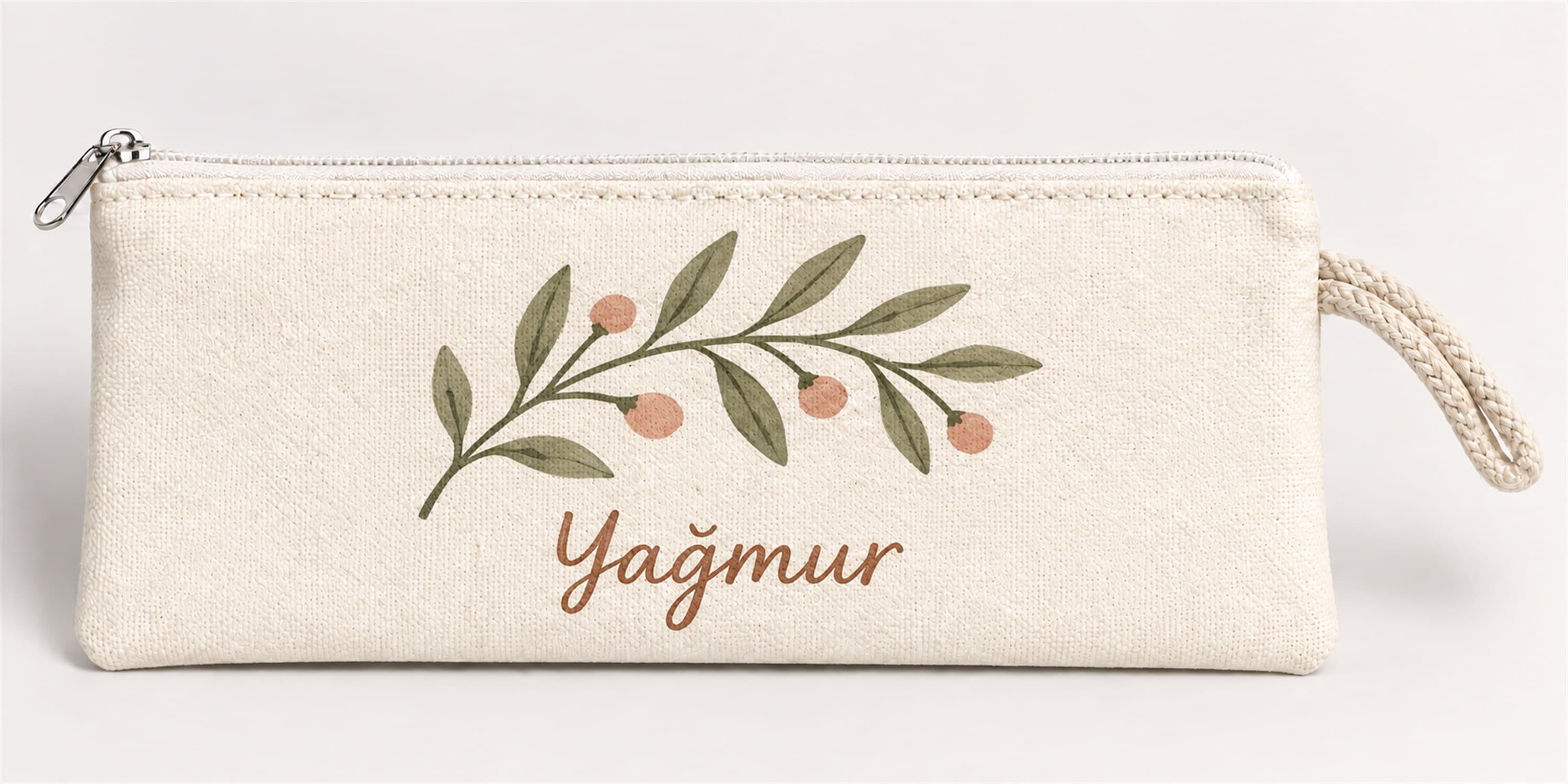 Kişiye Özel Zeytin Dalı Baskılı Fermuarlı Clutch El Çantası Makyaj Çantası