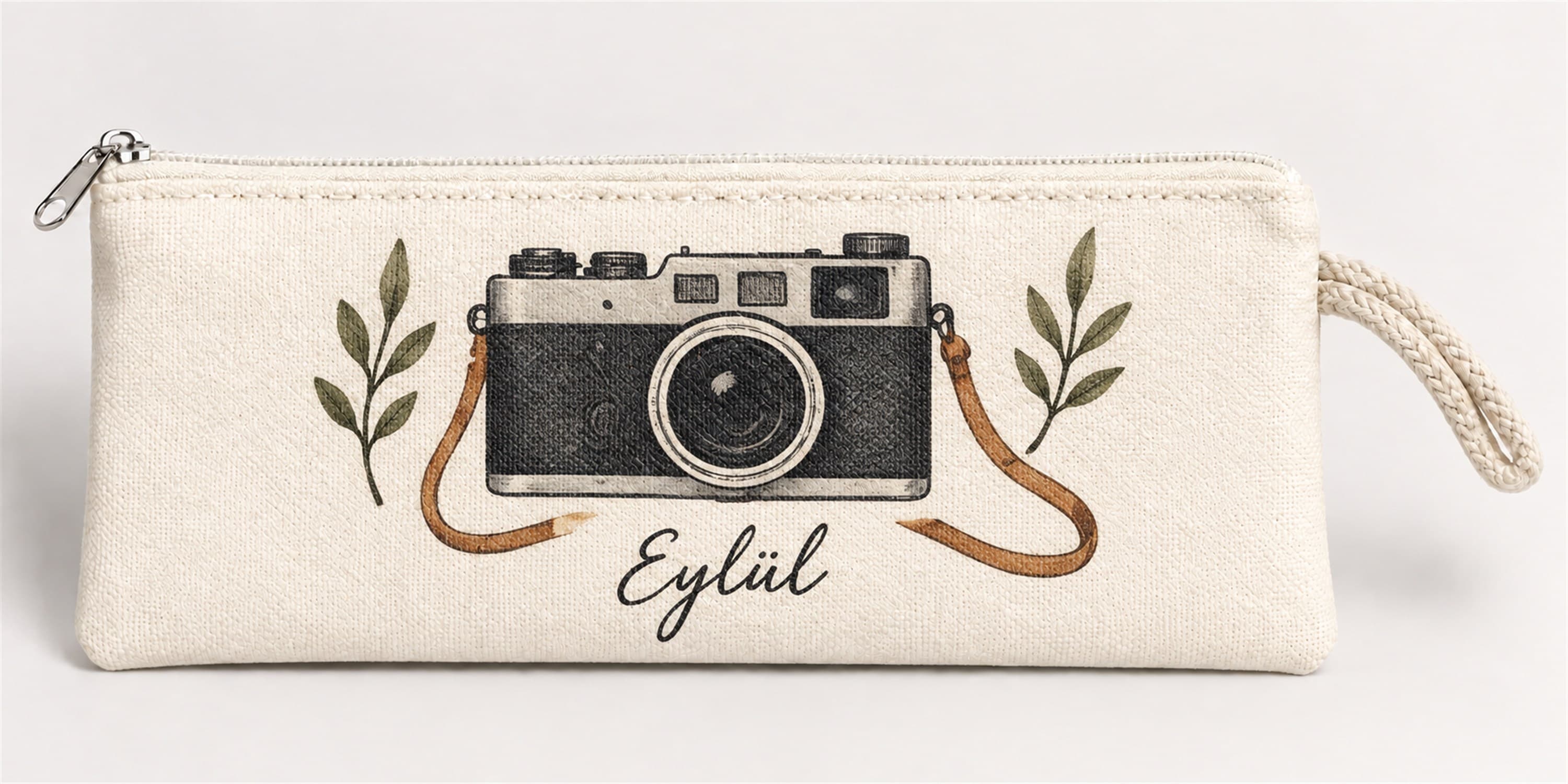 Kişiye Özel Vintage Fotoğraf Makinesi Baskılı Fermuarlı Clutch El Çantası Makyaj Çantası