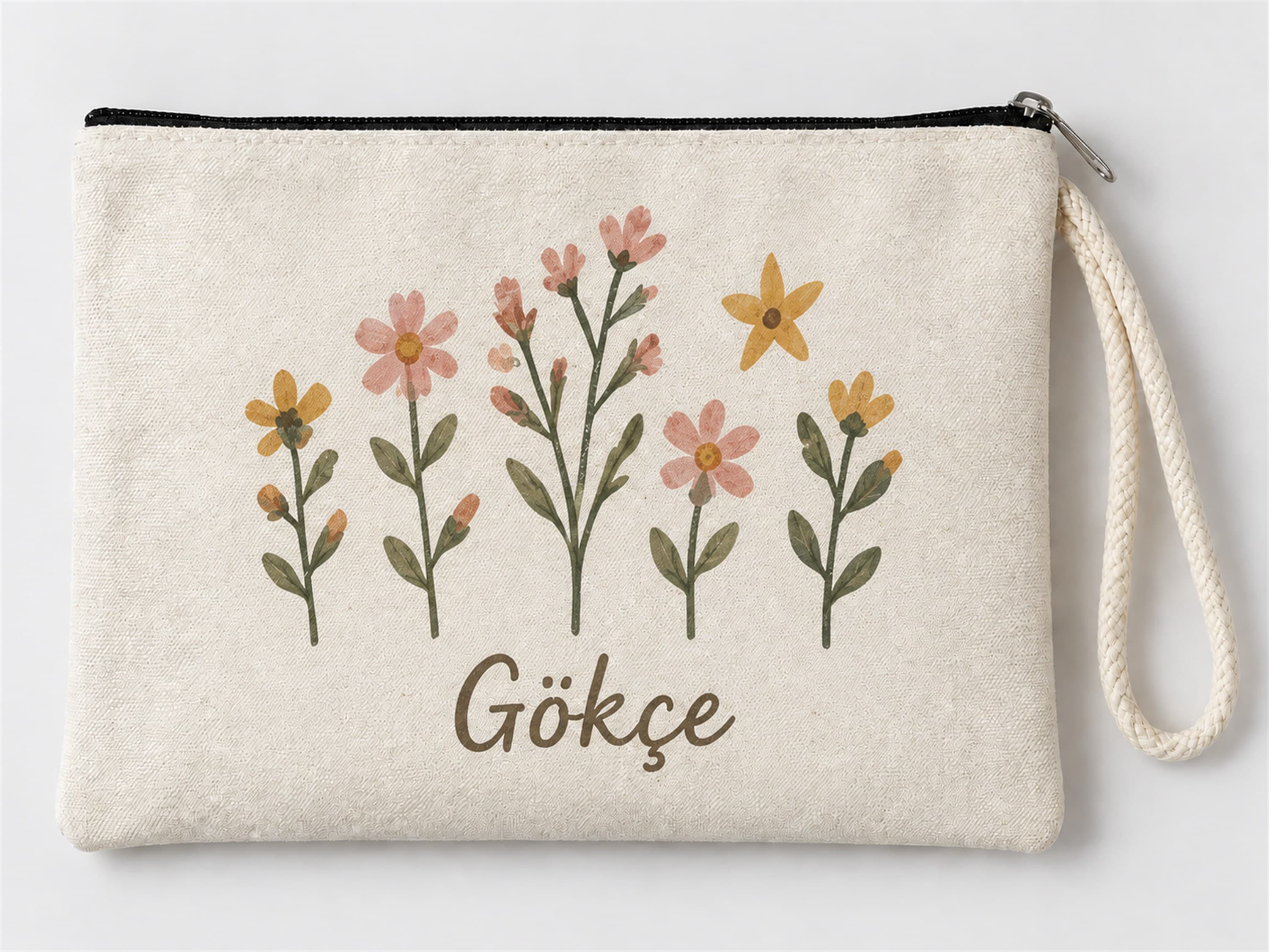 Kişiye Özel Kır Çiçekleri Baskılı Fermuarlı Makyaj Çantası Bozuk Para Cüzdanı Clutch