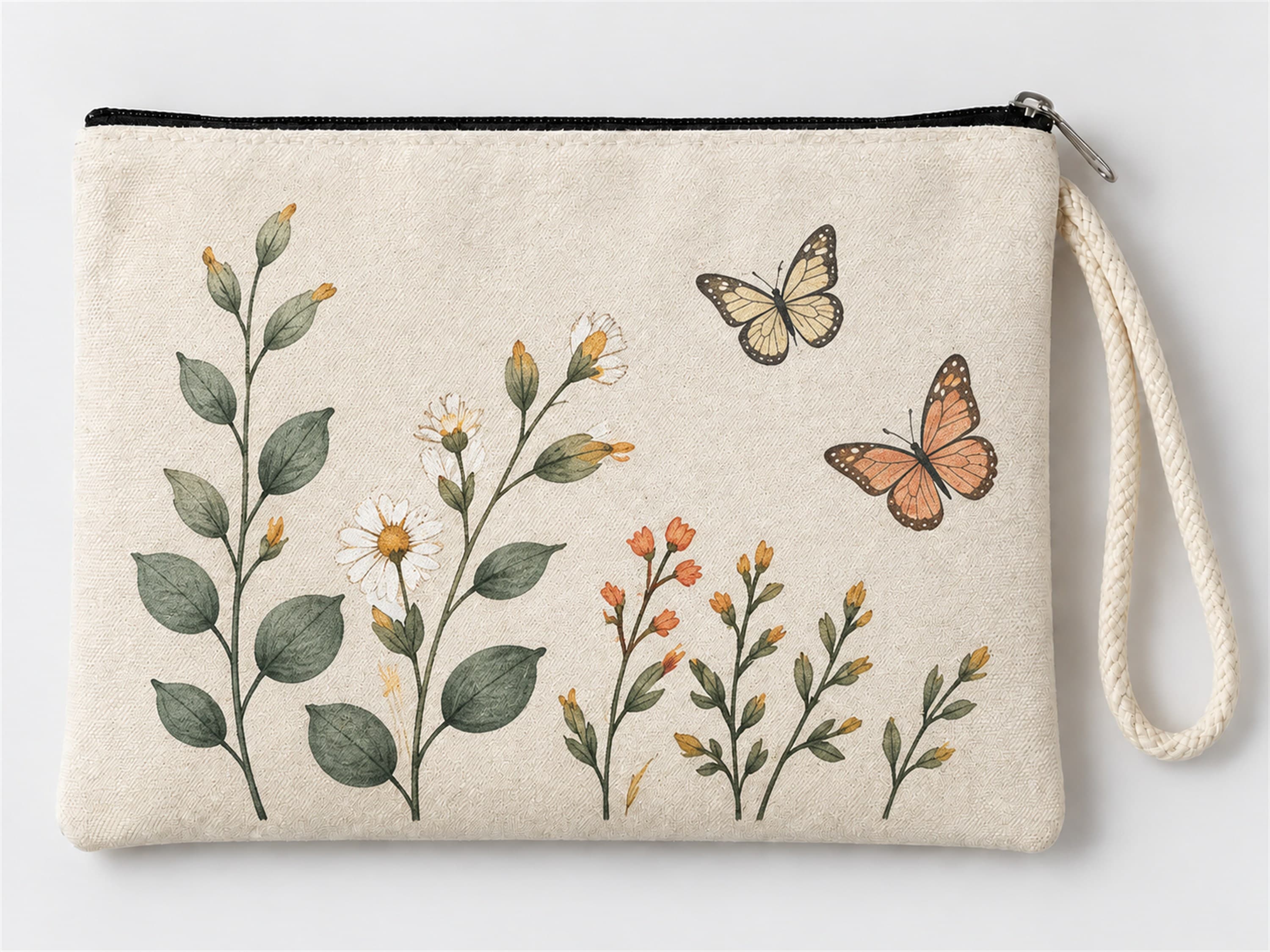 Kelebekli Çiçek Dalları Baskılı Fermuarlı Makyaj Çantası Bozuk Para Cüzdanı Clutch