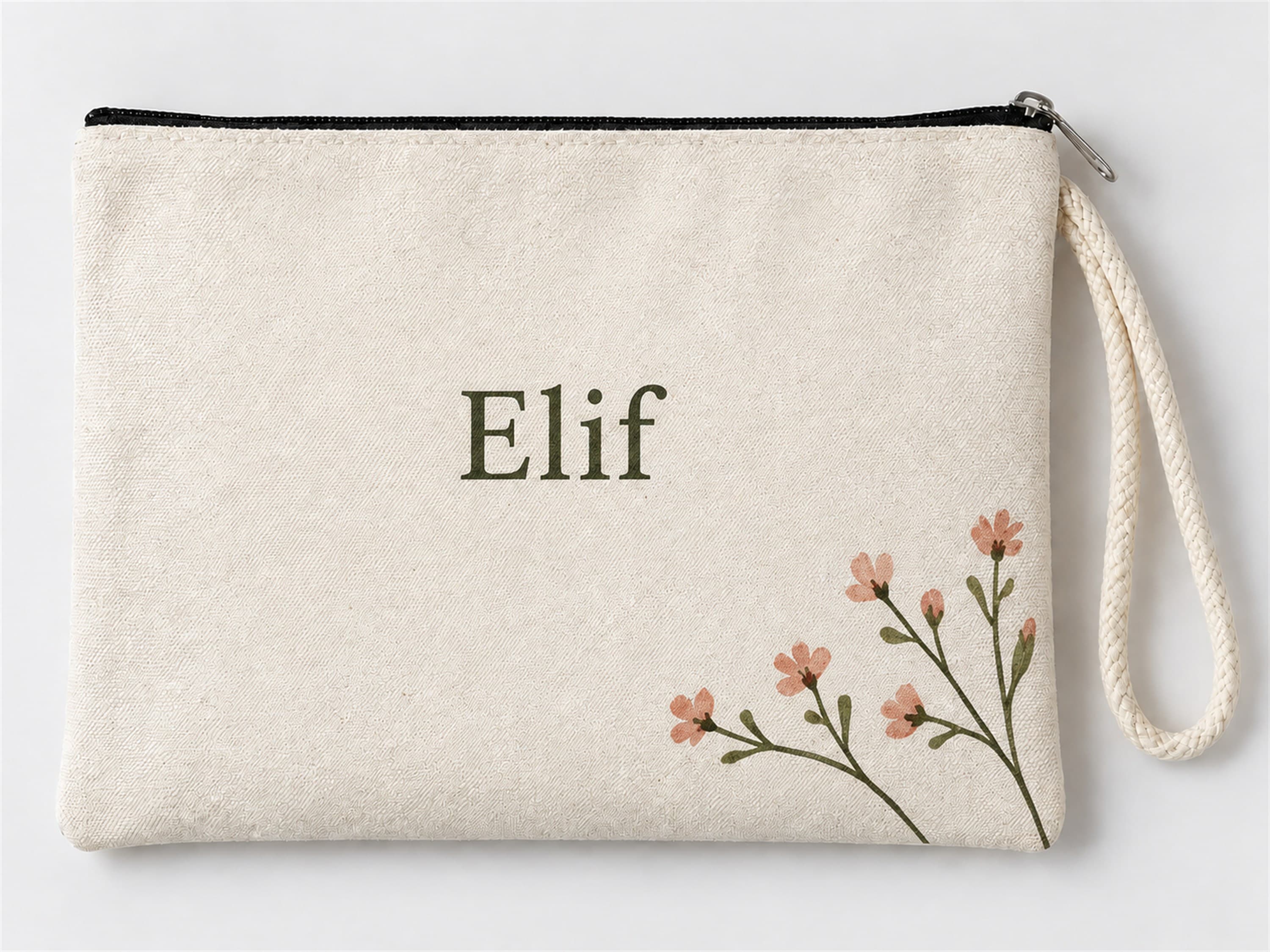 Kişiye Özel Pembe Çiçek Dalı Baskılı Fermuarlı Makyaj Çantası Bozuk Para Cüzdanı Clutch