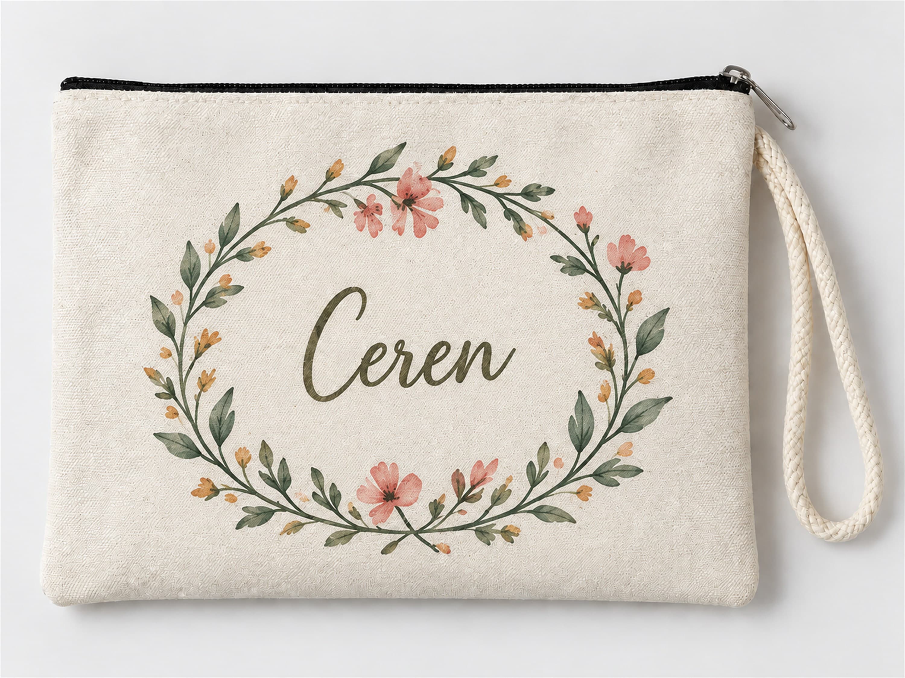 Kişiye Özel Çiçek Çelengi Baskılı Fermuarlı Makyaj Çantası Bozuk Para Cüzdanı Clutch Model 01302