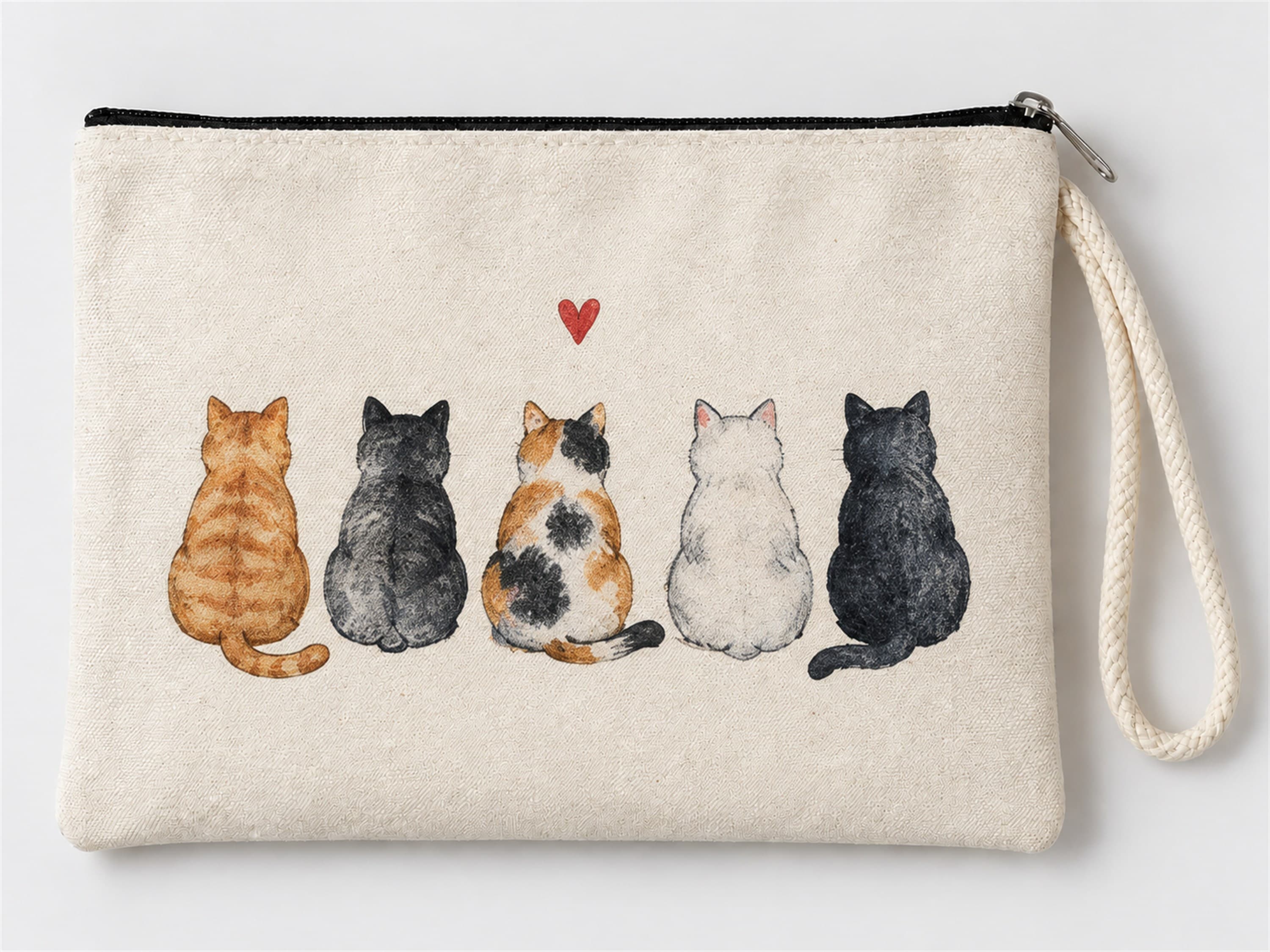 Beş Kedi Baskılı Fermuarlı Makyaj Çantası Bozuk Para Cüzdanı Clutch