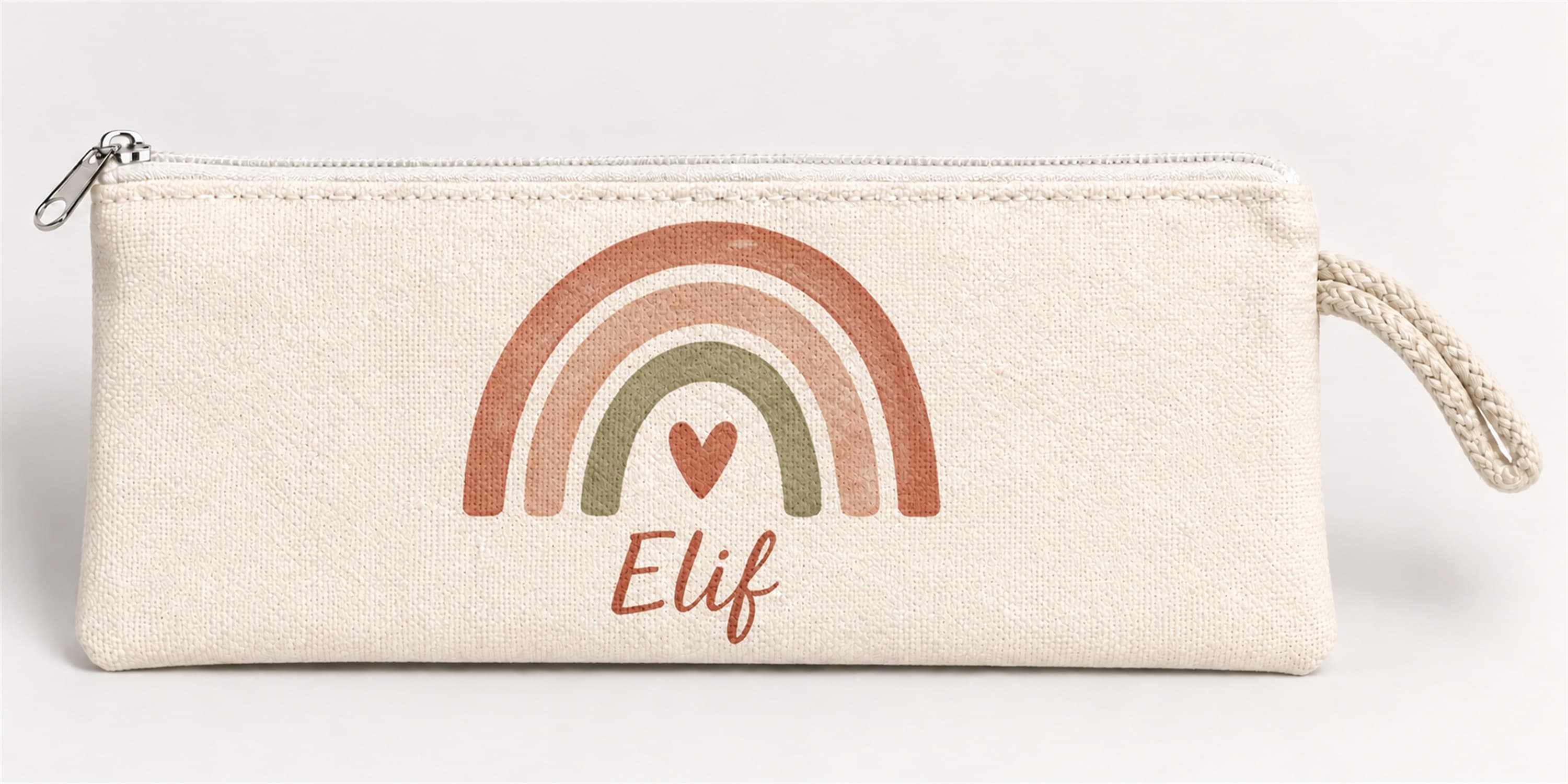Kişiye Özel Gökkuşağı ve Kalp Baskılı Fermuarlı Clutch El Çantası Makyaj Çantası