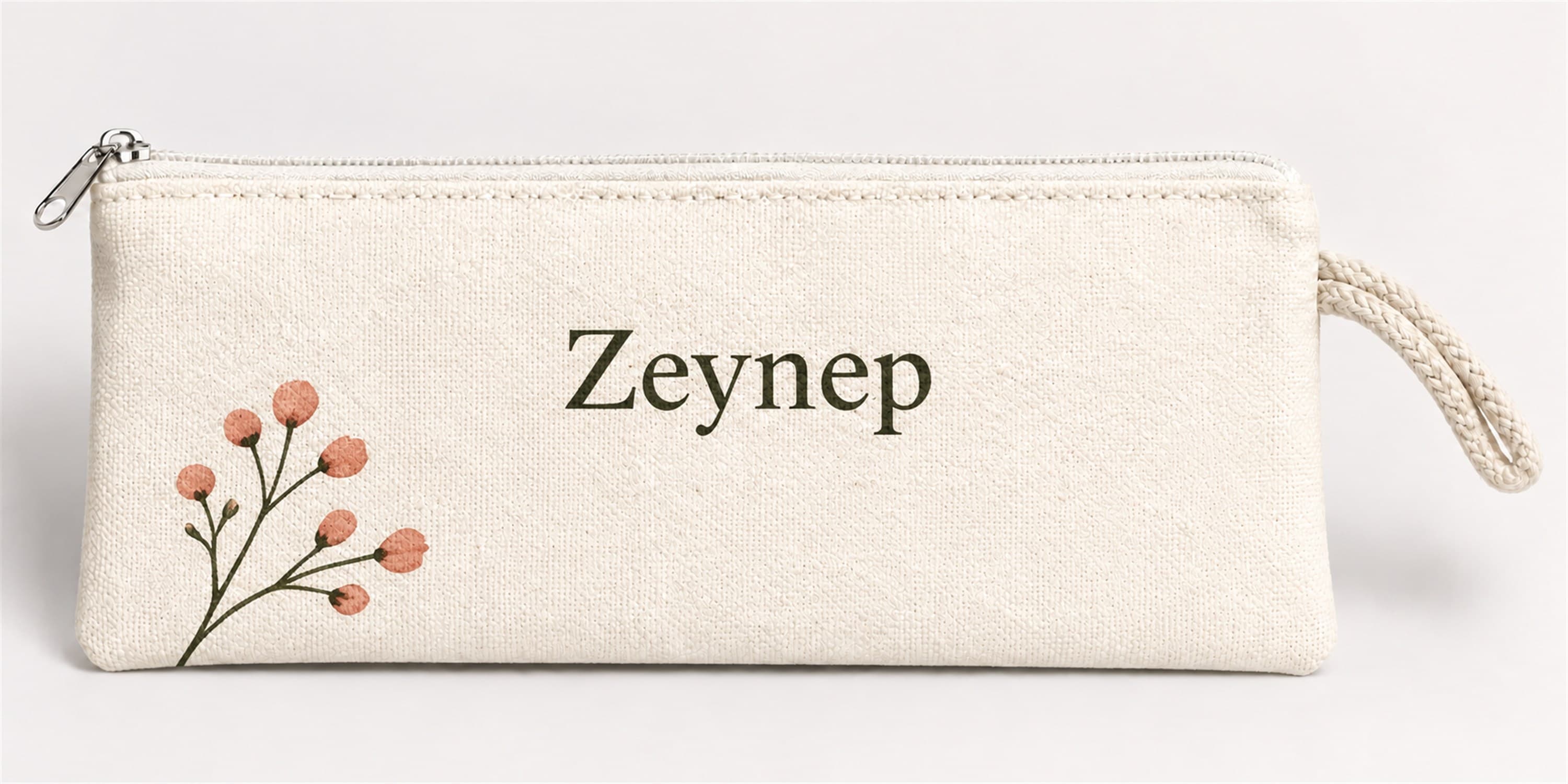 Kişiye Özel Pembe Tomurcuk Köşe Baskılı Fermuarlı Clutch El Çantası Makyaj Çantası