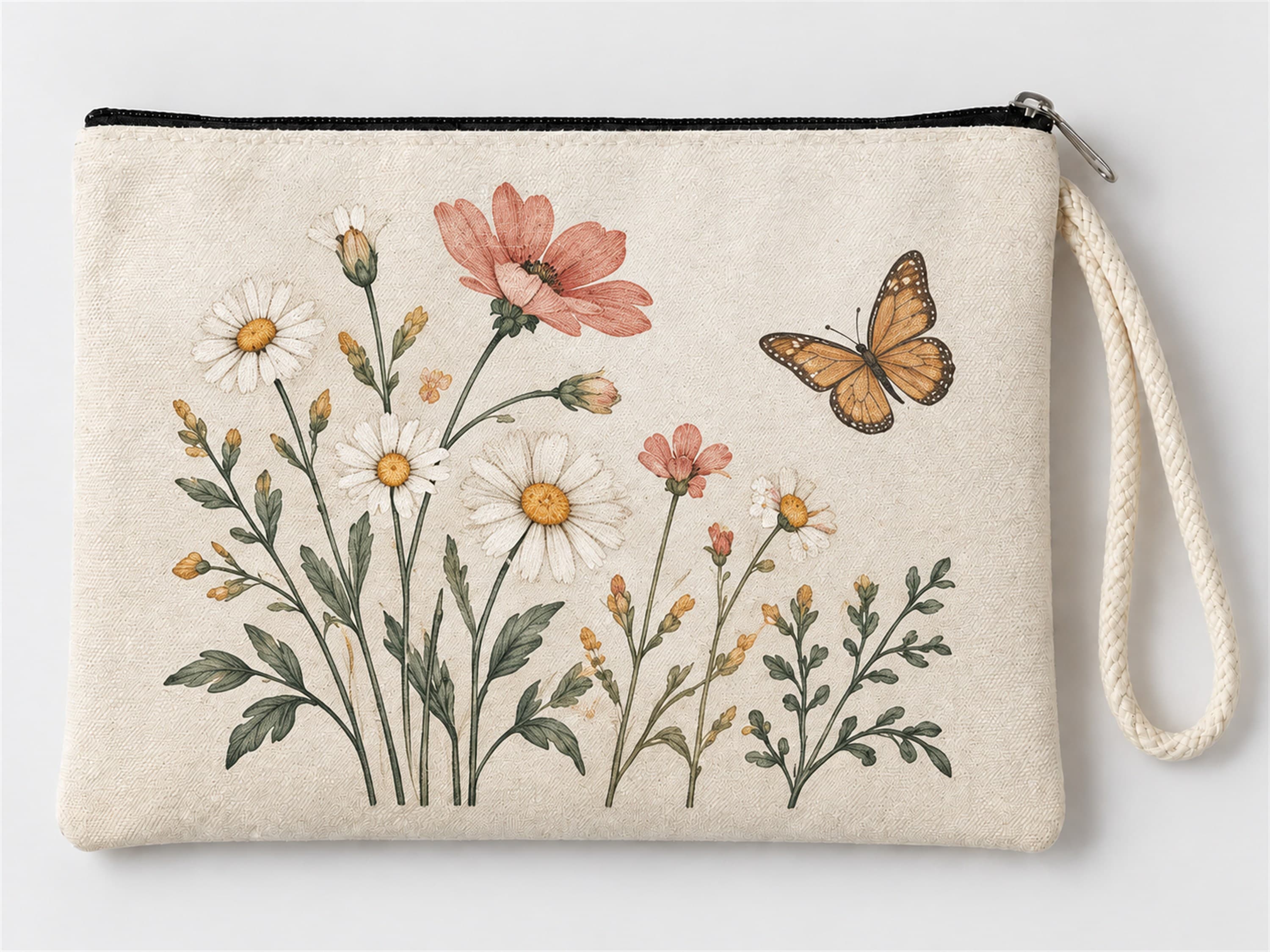Kelebekli Kır Çiçekleri Baskılı Fermuarlı Makyaj Çantası Bozuk Para Cüzdanı Clutch Model 01303