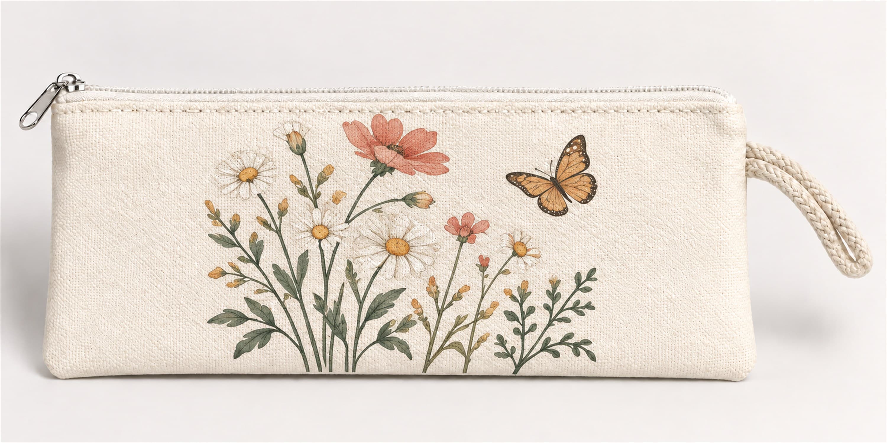 Kelebekli Kır Çiçekleri Baskılı Fermuarlı Clutch El Çantası Makyaj Çantası Model 01303