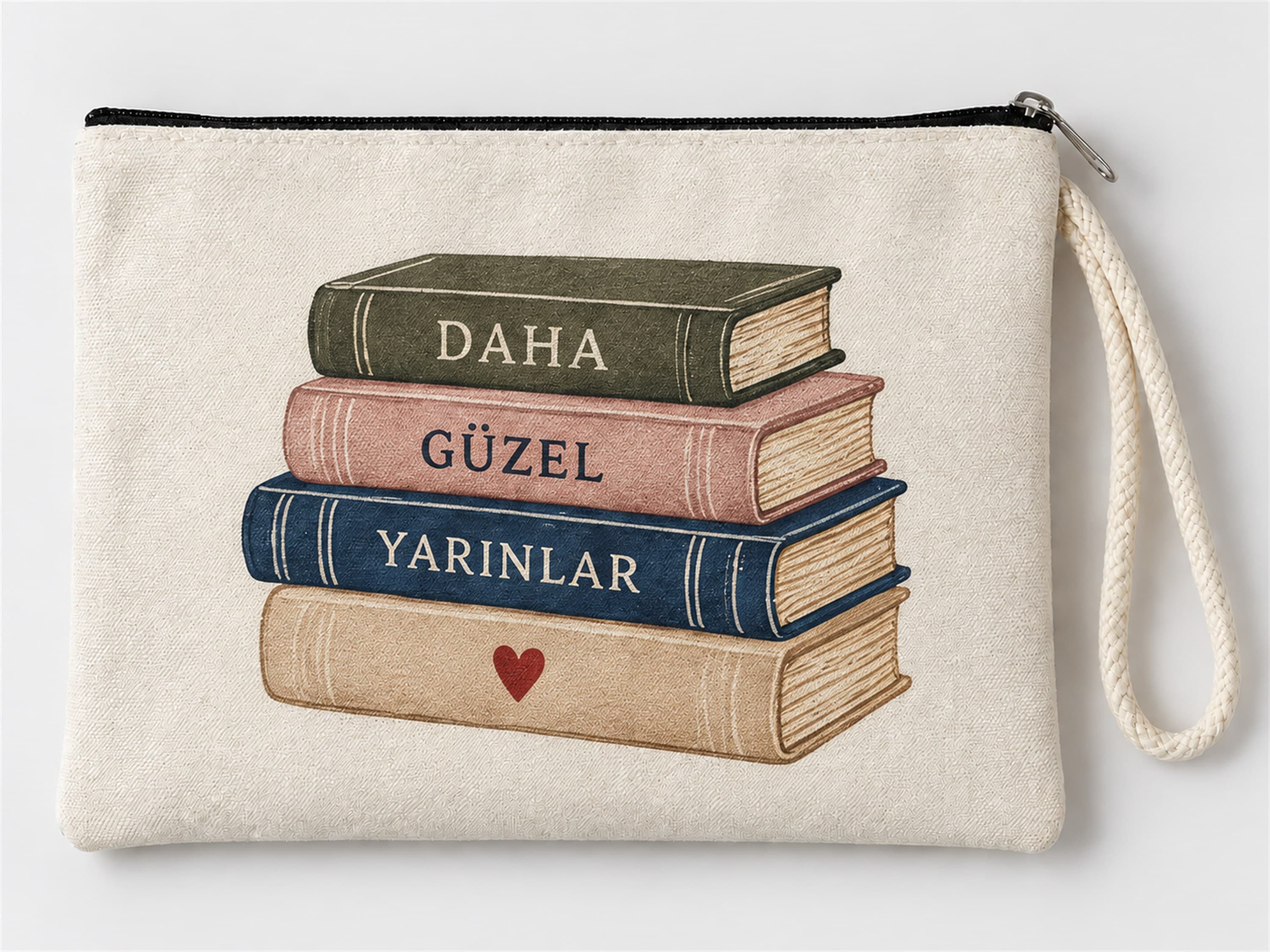 Kitap Yığını Baskılı Fermuarlı Makyaj Çantası Bozuk Para Cüzdanı Clutch