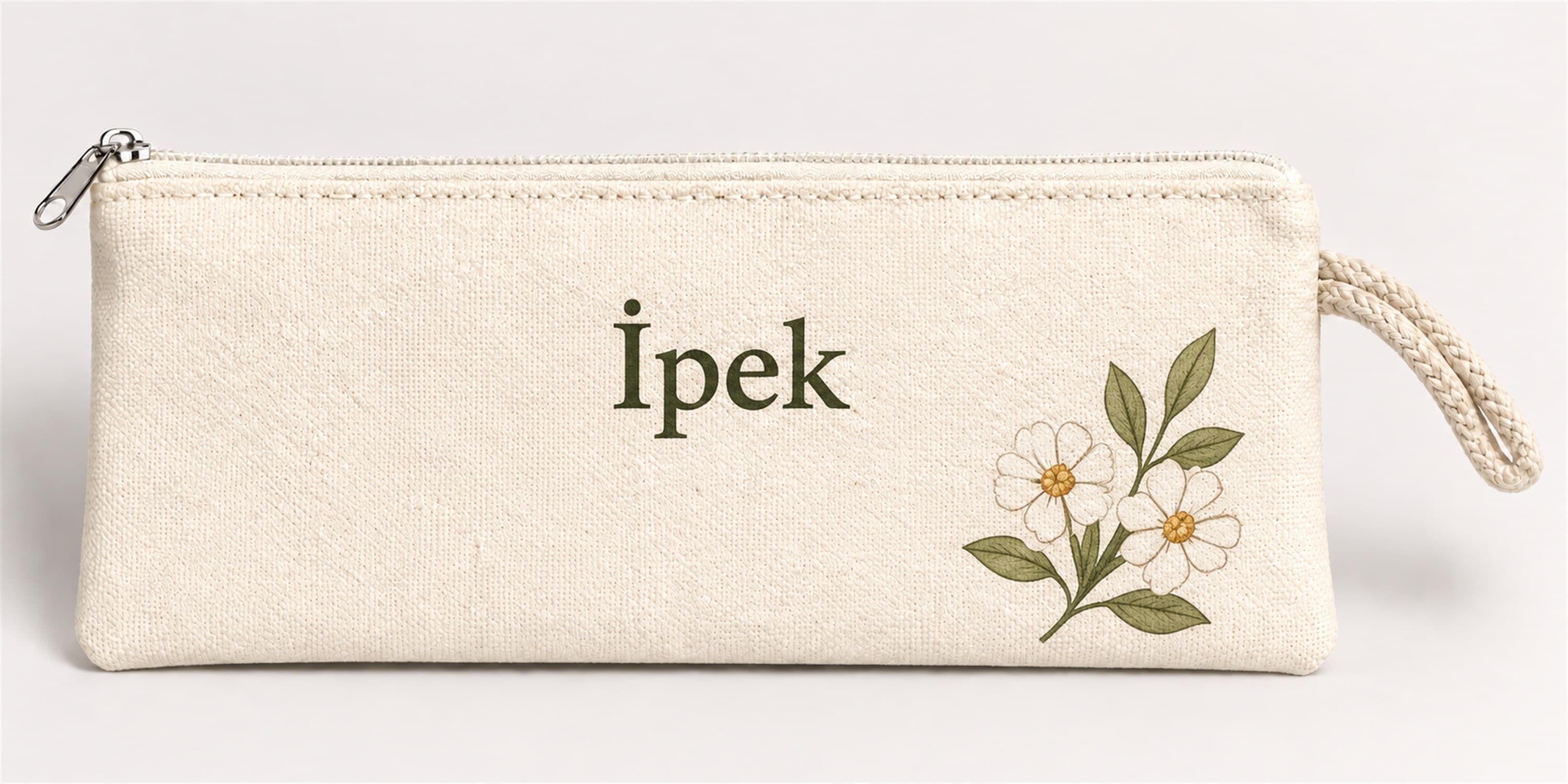 Kişiye Özel Papatya Dalı Köşe Baskılı Fermuarlı Clutch El Çantası Makyaj Çantası