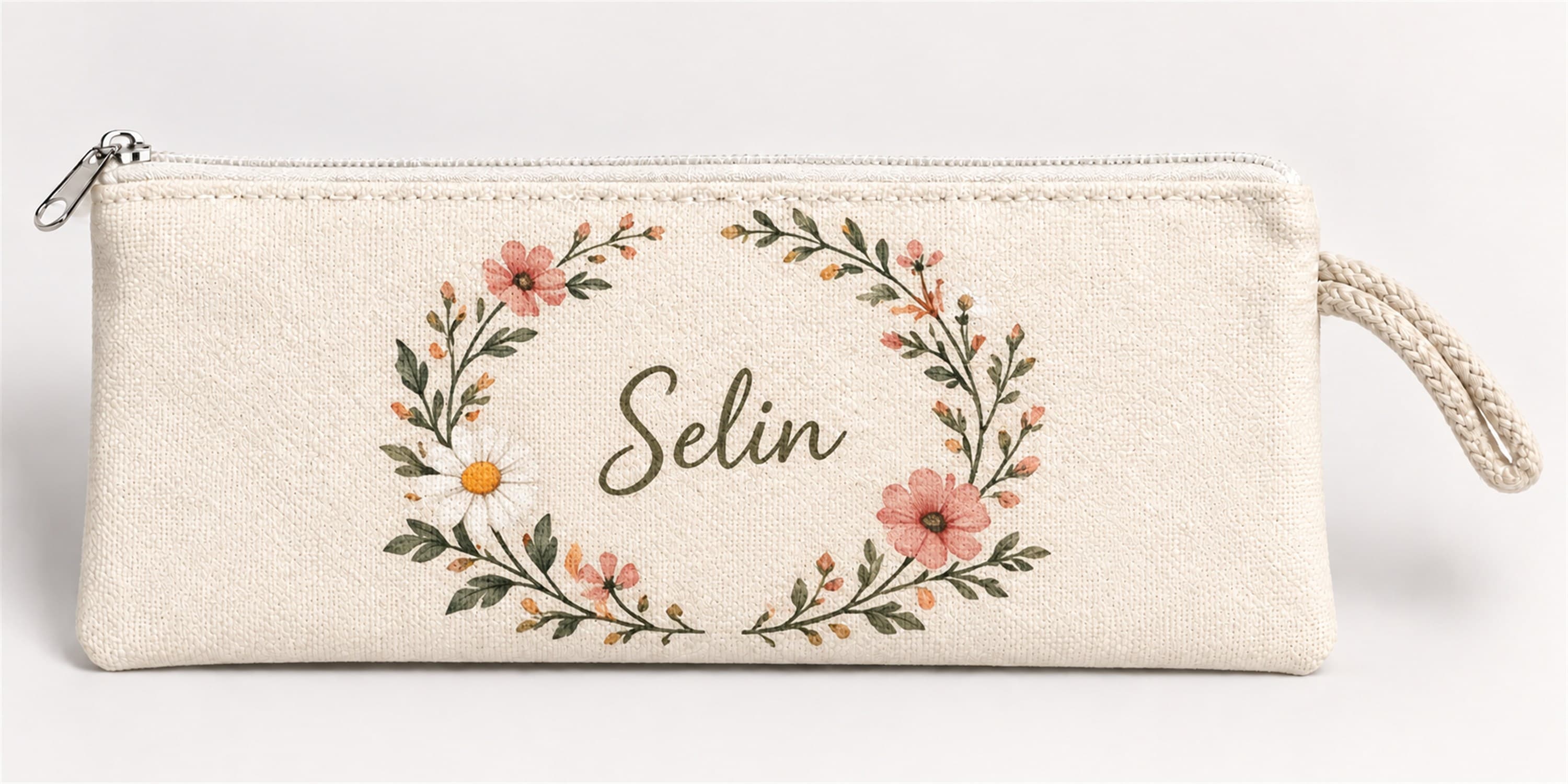 Kişiye Özel Papatya Çelengi Baskılı Fermuarlı Clutch El Çantası Makyaj Çantası