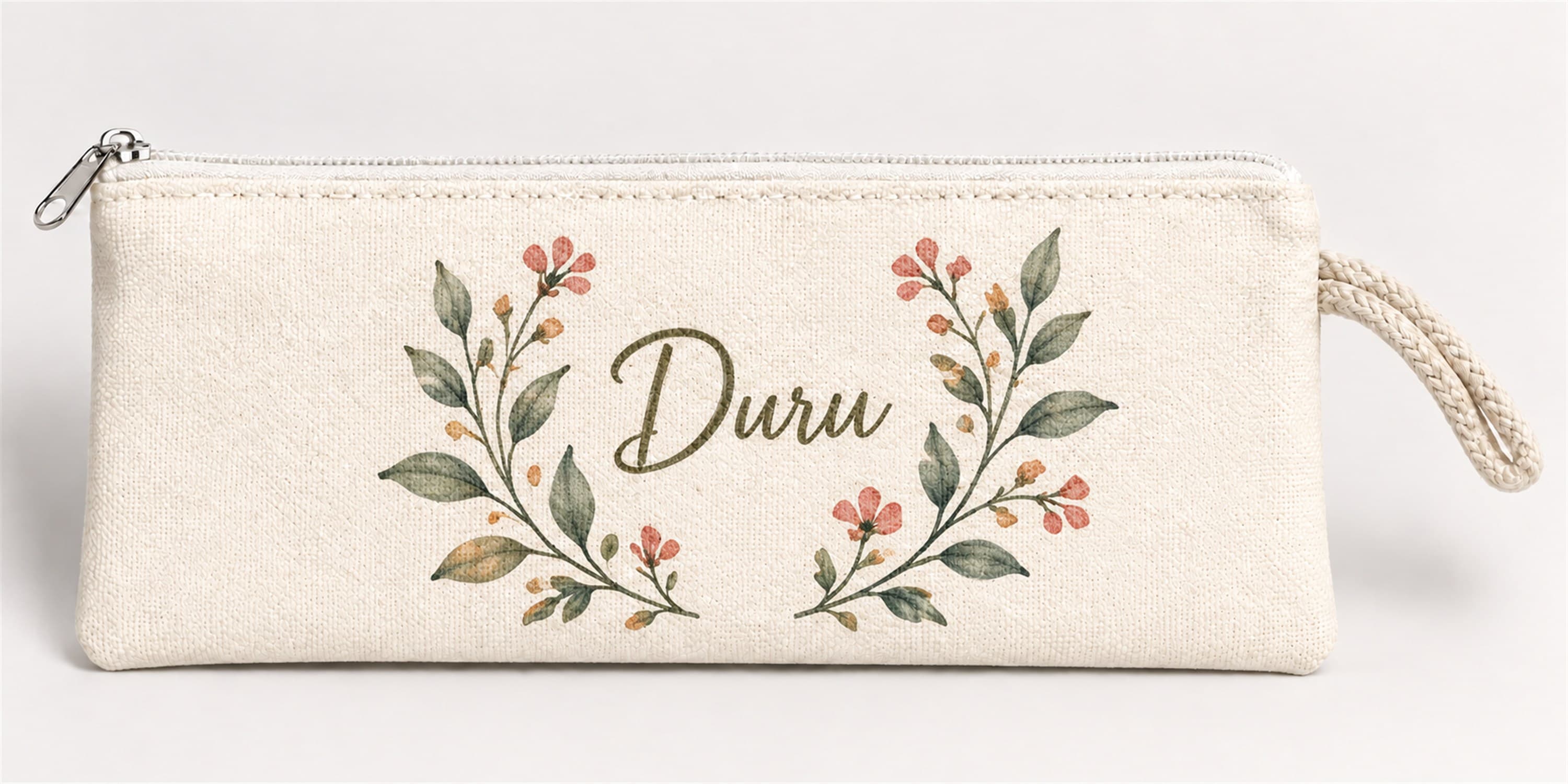 Kişiye Özel Çiçek Çelengi Baskılı Fermuarlı Clutch El Çantası Makyaj Çantası Model 01289