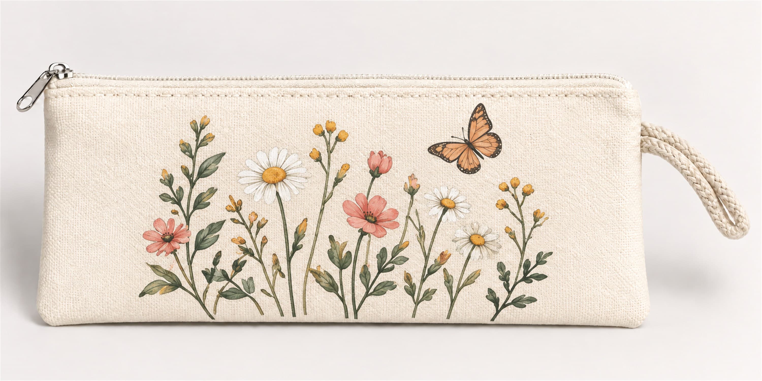 Kelebekli Kır Çiçekleri Baskılı Fermuarlı Clutch El Çantası Makyaj Çantası Model 01286