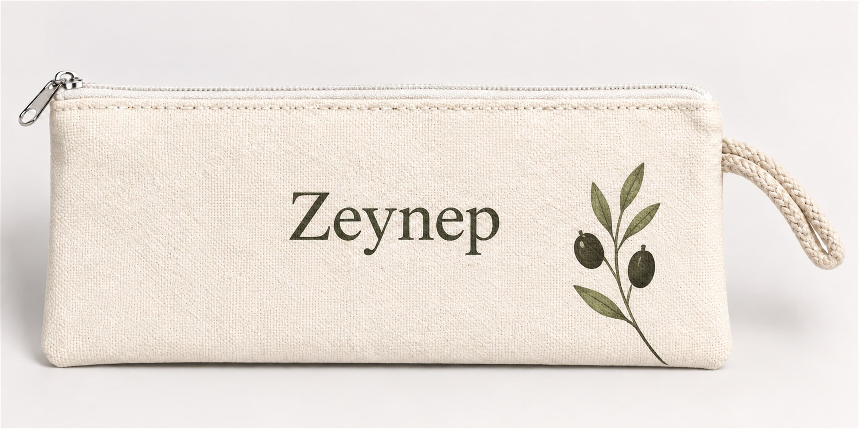 Kişiye Özel Zeytin Dalı Köşe Baskılı Fermuarlı Clutch El Çantası Makyaj Çantası Model 01274