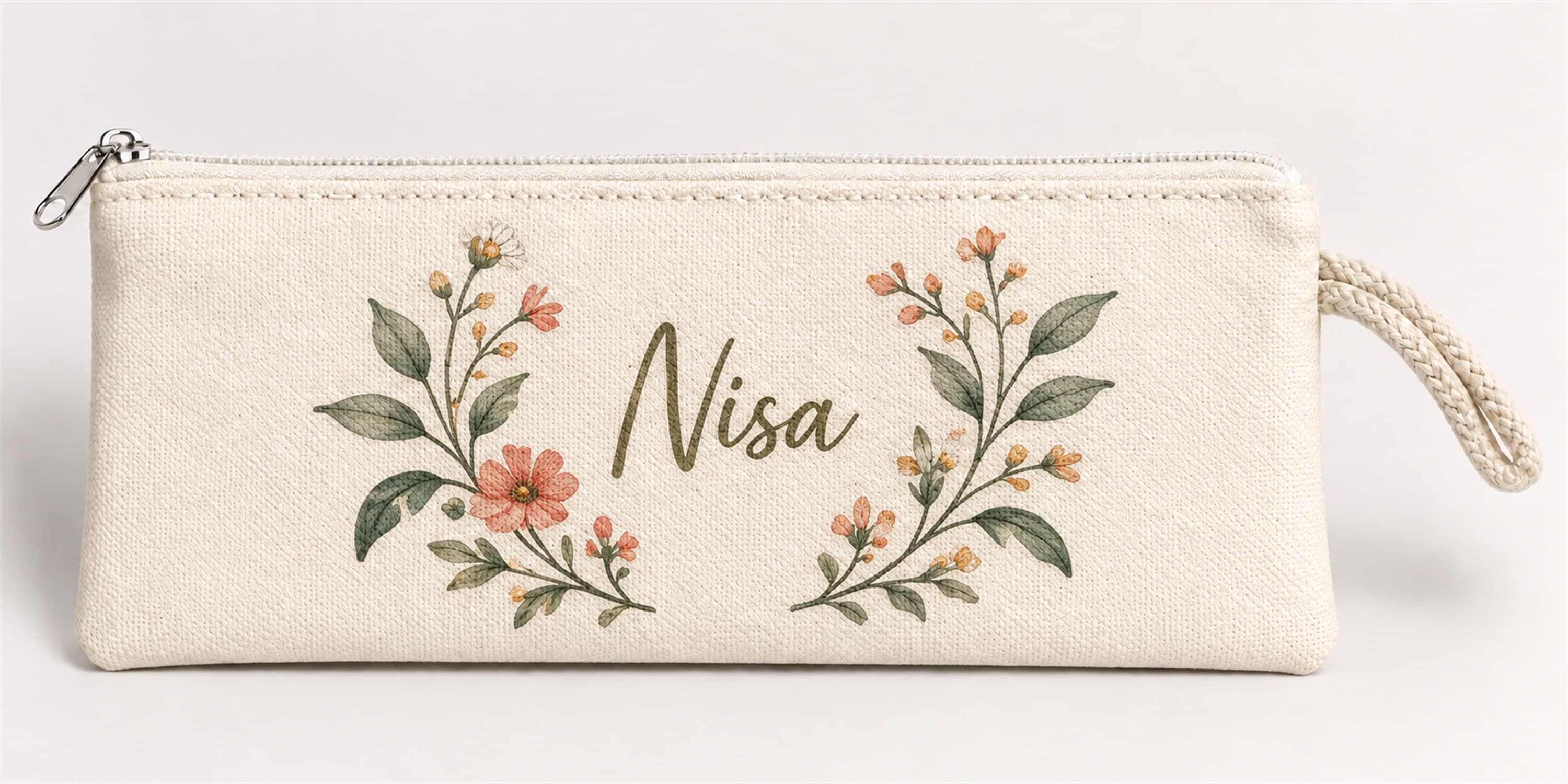 Kişiye Özel Çiçek Çelengi Baskılı Fermuarlı Clutch El Çantası Makyaj Çantası Model 01294