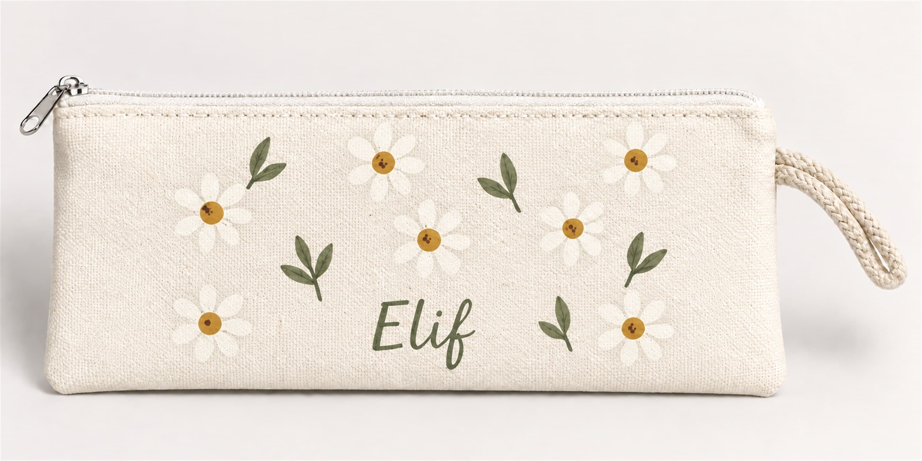Kişiye Özel Papatya Deseni Baskılı Fermuarlı Clutch El Çantası Makyaj Çantası