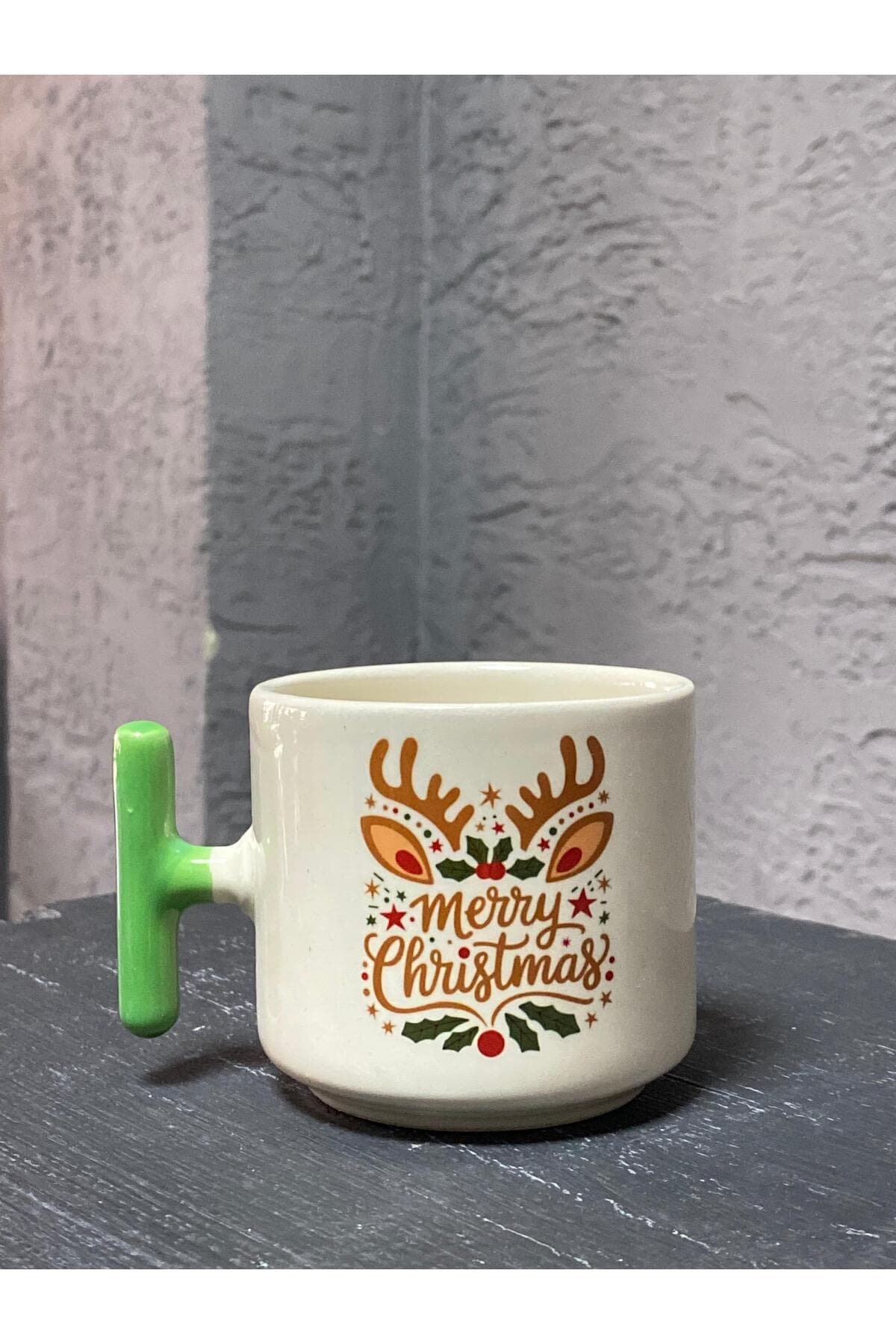Merry Christmas Geyik Boynuzlu Yeşil Kulplu T Yılbaşı Hediyesi Kupa