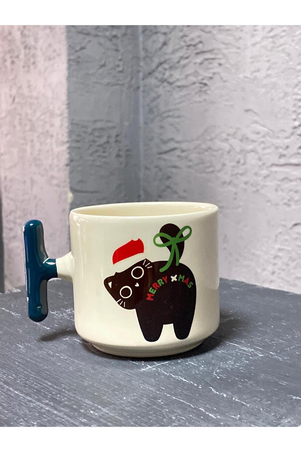 Merry Xmass Siyah Kedi Yeşil Kulplu T Yılbaşı Hediyesi Kupa