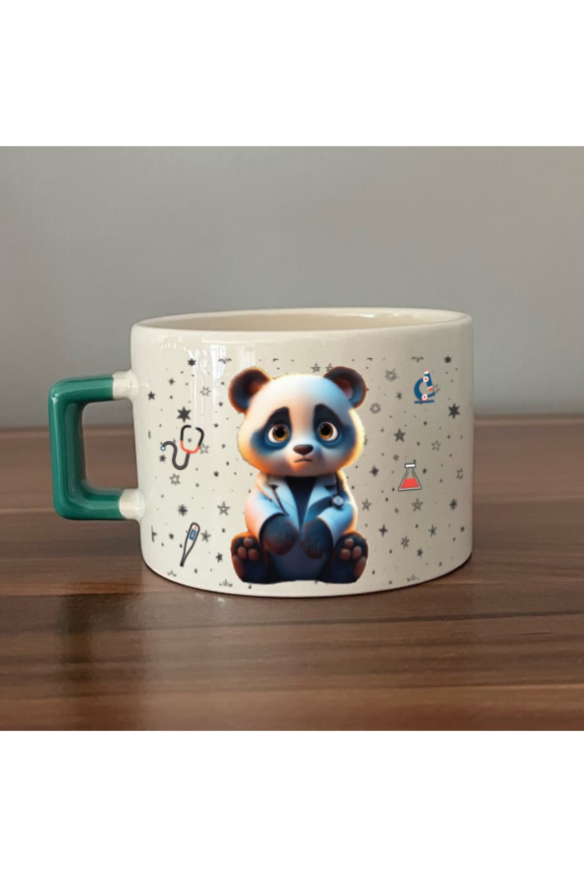 Sad Üzgün Panda - Meslek: Doktor Yeşil Kulplu Kare Meslek Hediyesi Fincan