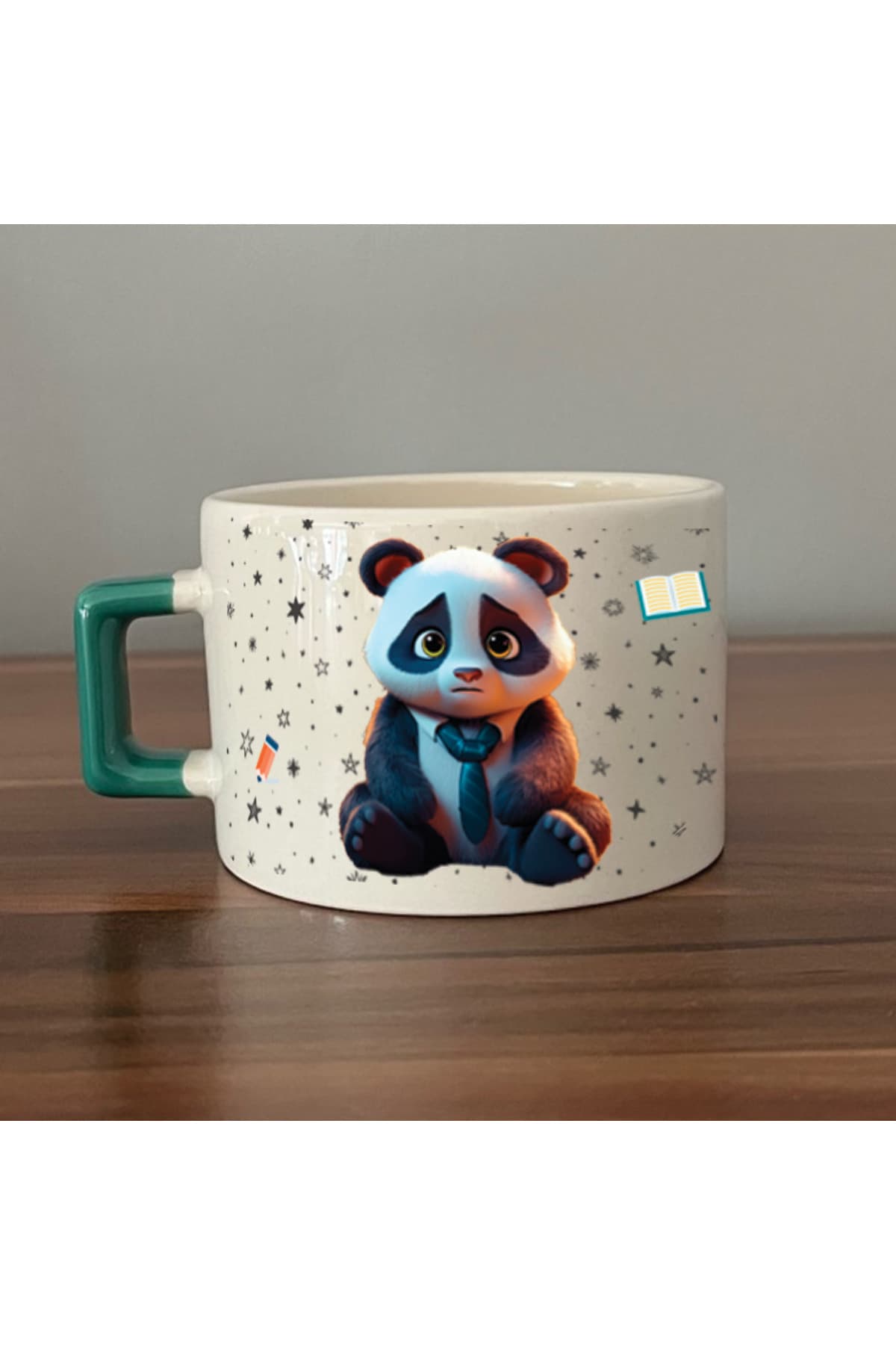 Sad Üzgün Panda - Meslek: Öğretmen Yeşil Kulplu Kare Meslek Hediyesi Fincan