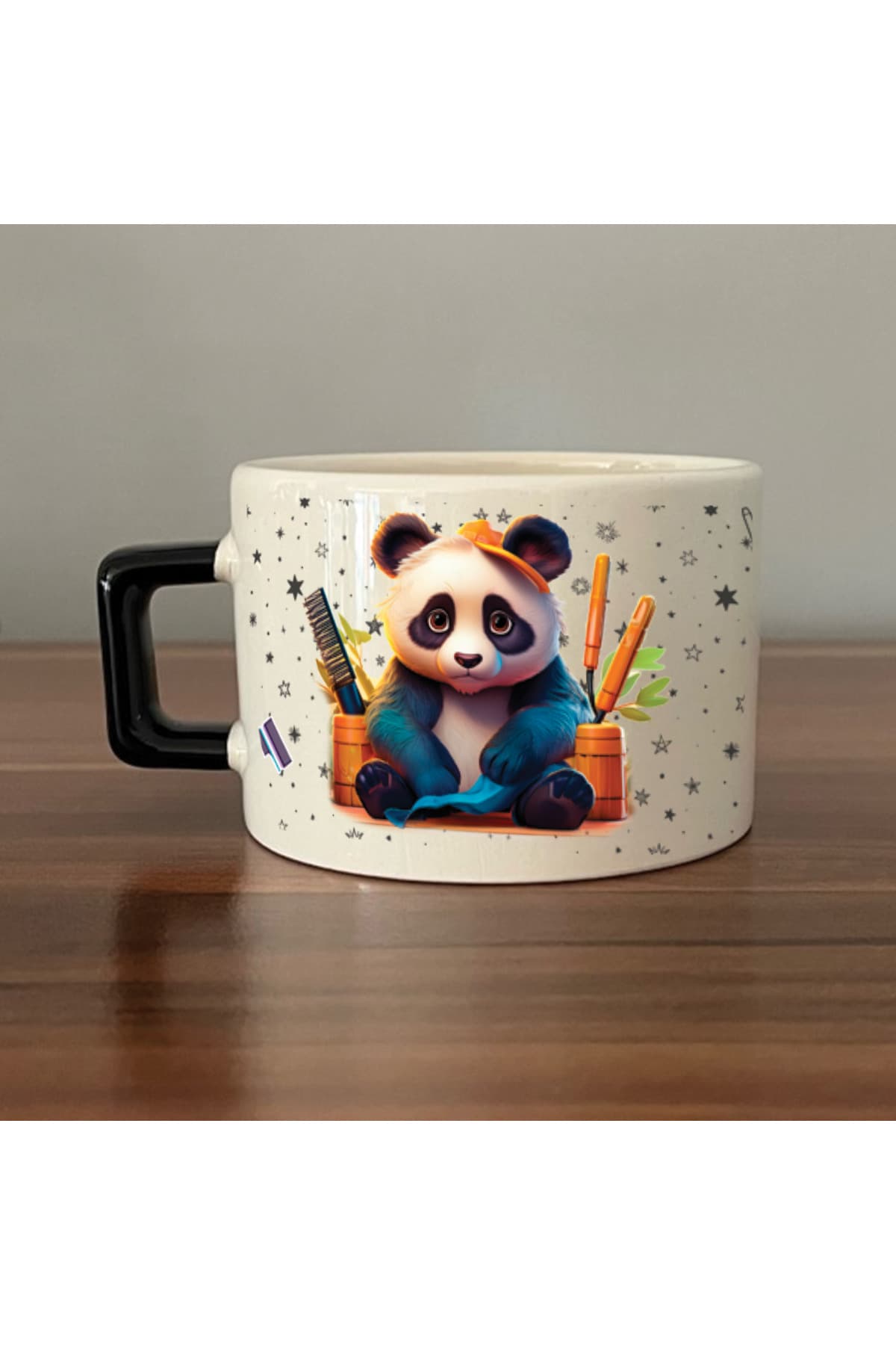 Sad Üzgün Panda - Meslek: Kuaför Siyah Kulplu Kare Meslek Hediyesi Fincan