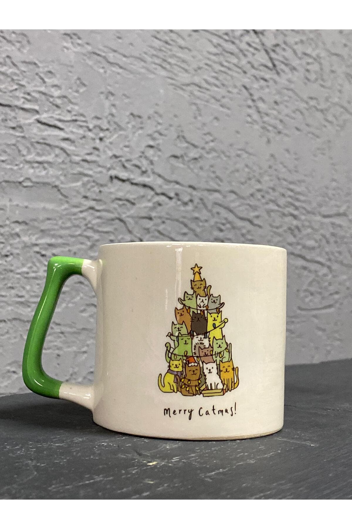 Merry Catmas Kedi Ağacı Yıldızlı Yeşil Kulplu Prime Yılbaşı Hediyesi Kupa