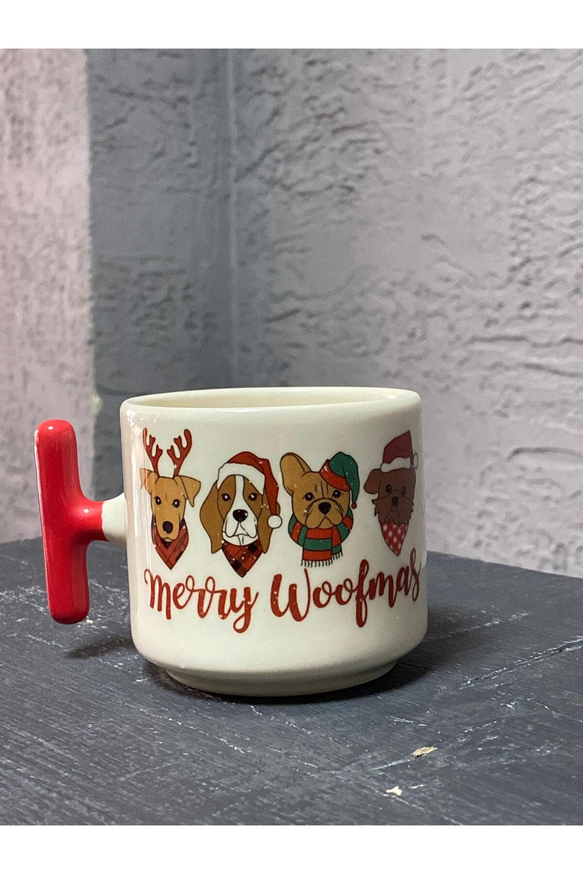 Merry Woofmass 4 lü Köpek Kırmızı Kulplu T Yılbaşı Hediyesi Kupa