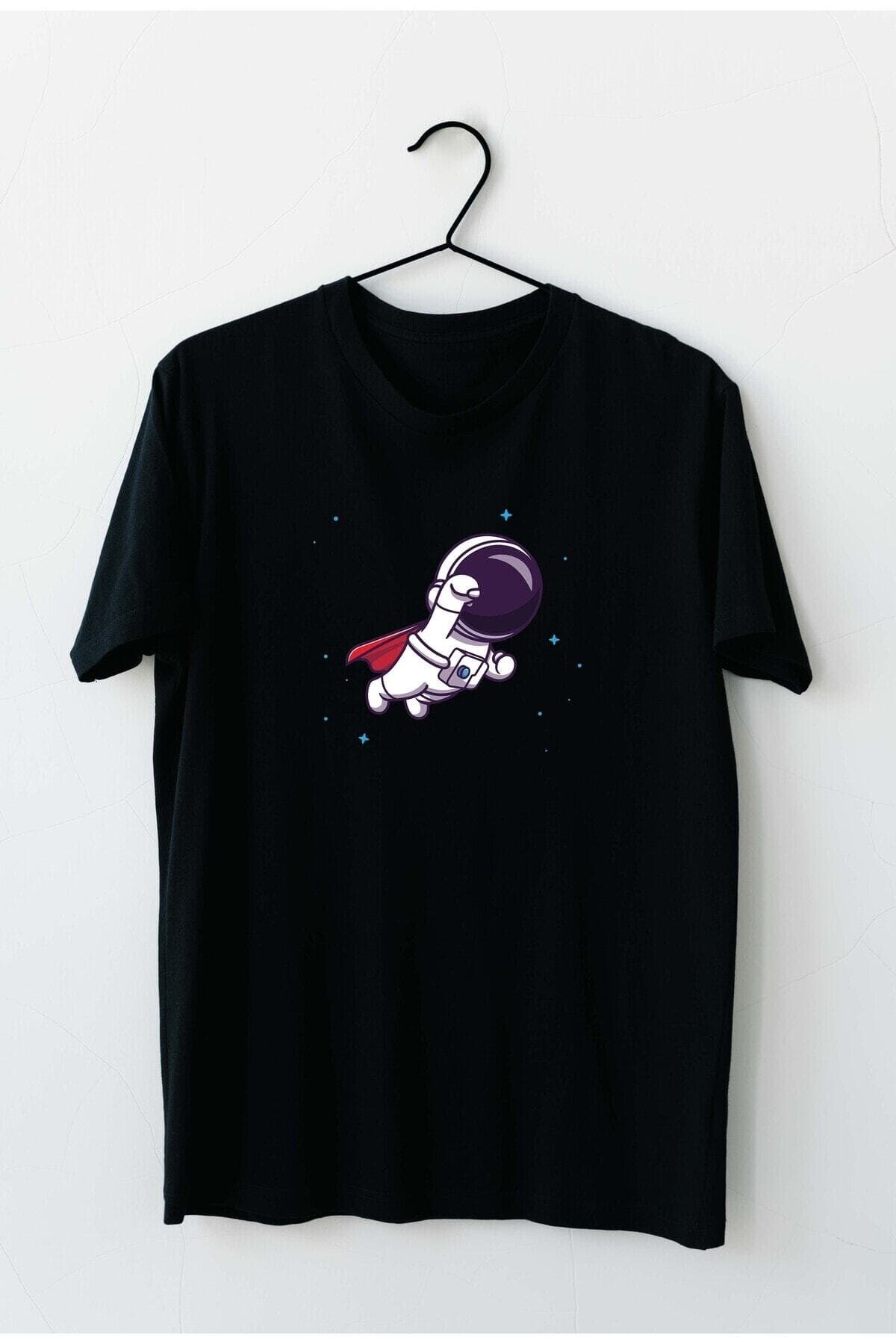 Süper Astronot Baskılı Siyah Erkek Tişört - XL