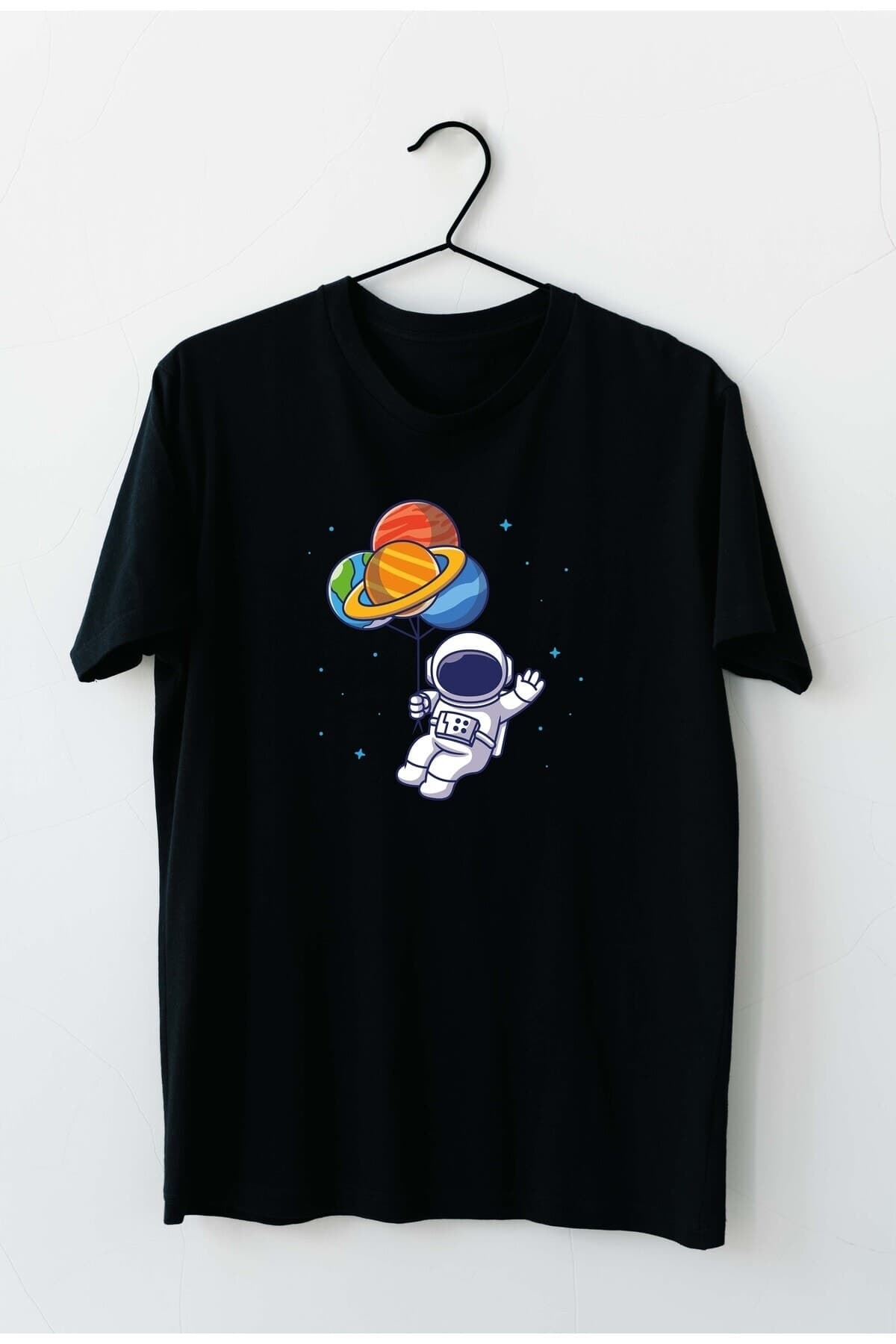 Selam Astronot Baskılı Siyah Erkek Tişört - S