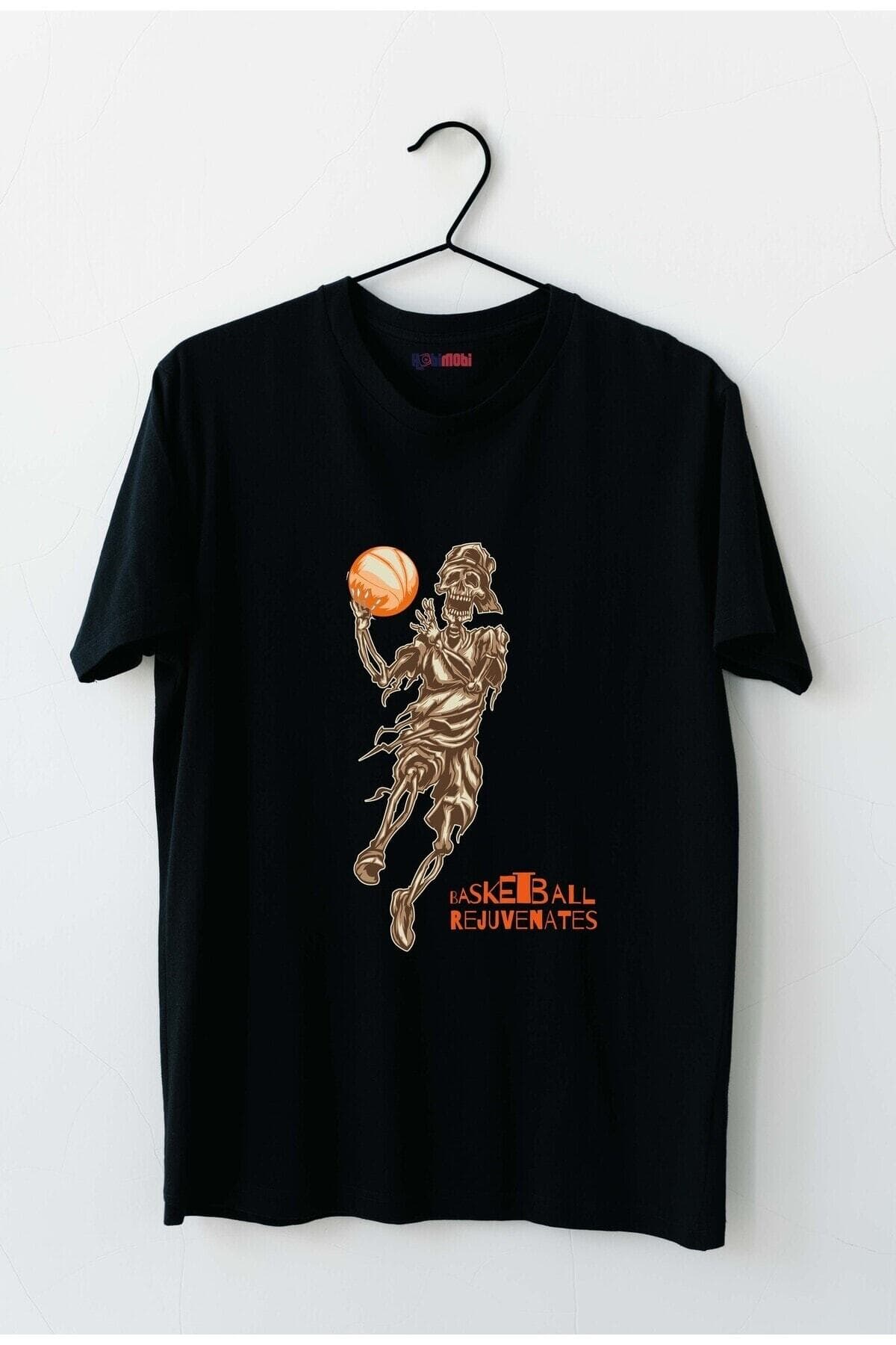 İskelet Basketi Baskılı Siyah Erkek Tişört - XXL