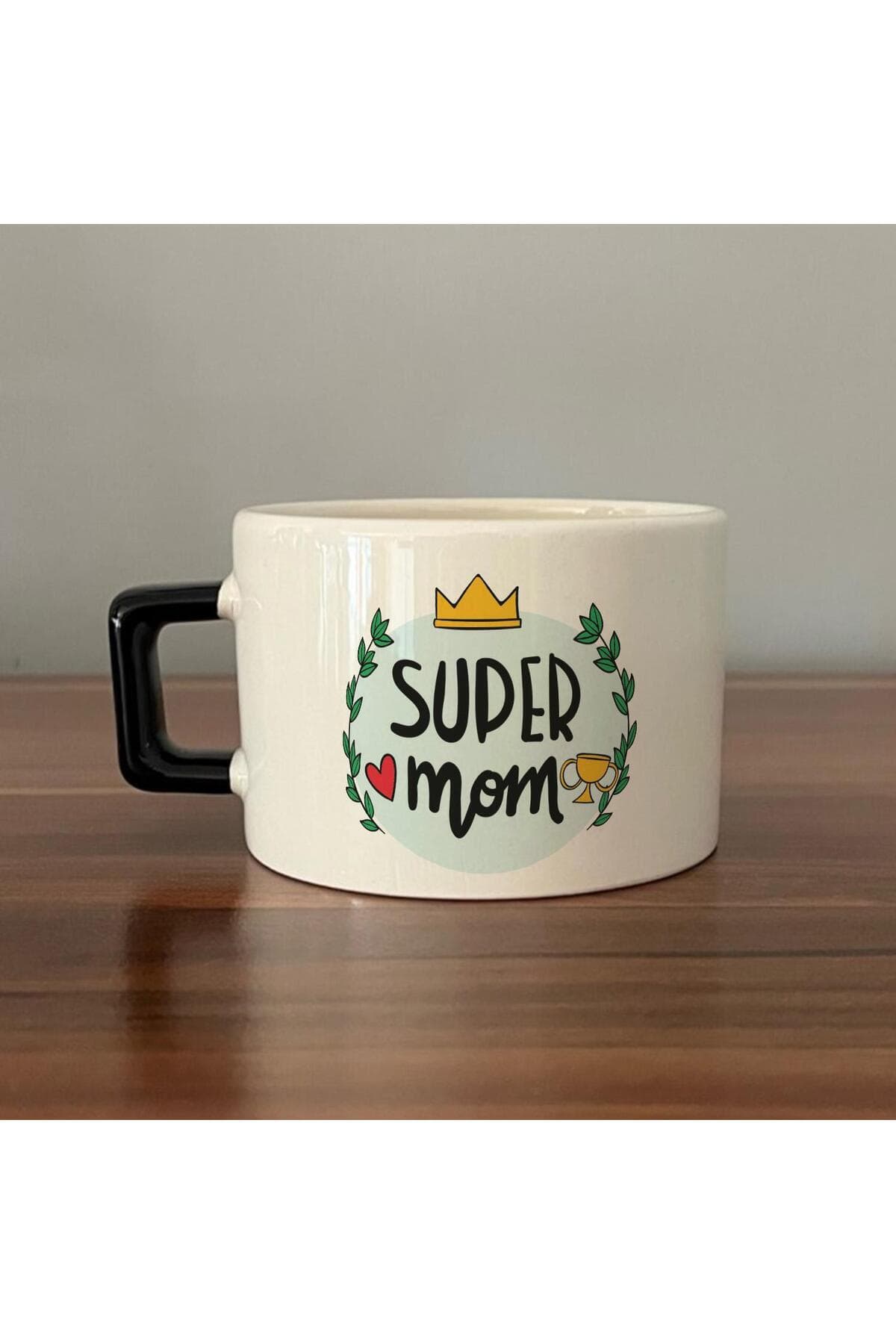 Super Mom Yazı Baskılı Siyah Kulplu Kare Espresso Fincanı