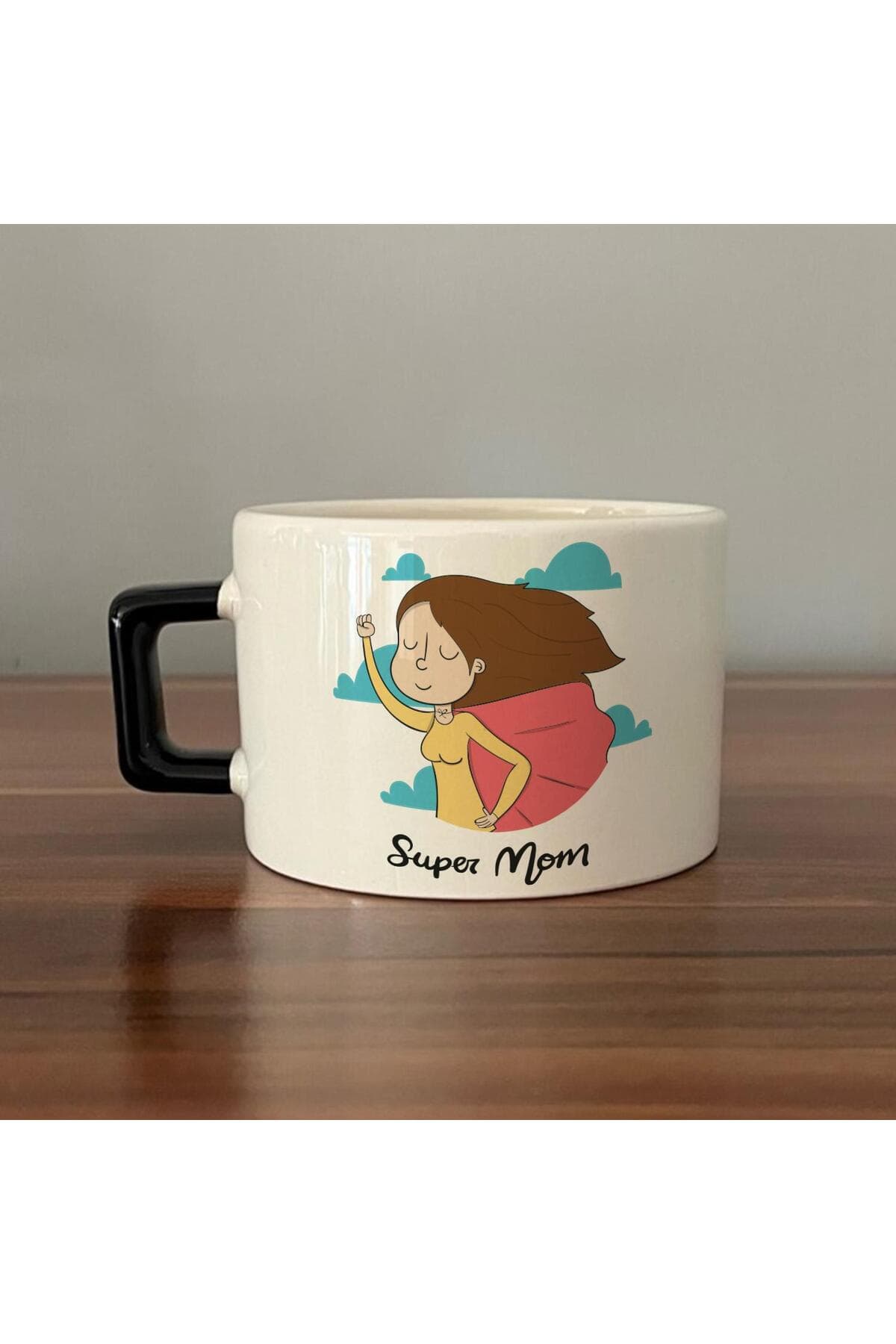 Süper Mom Pelerin Baskılı Siyah Kulplu Kare Espresso Fincanı