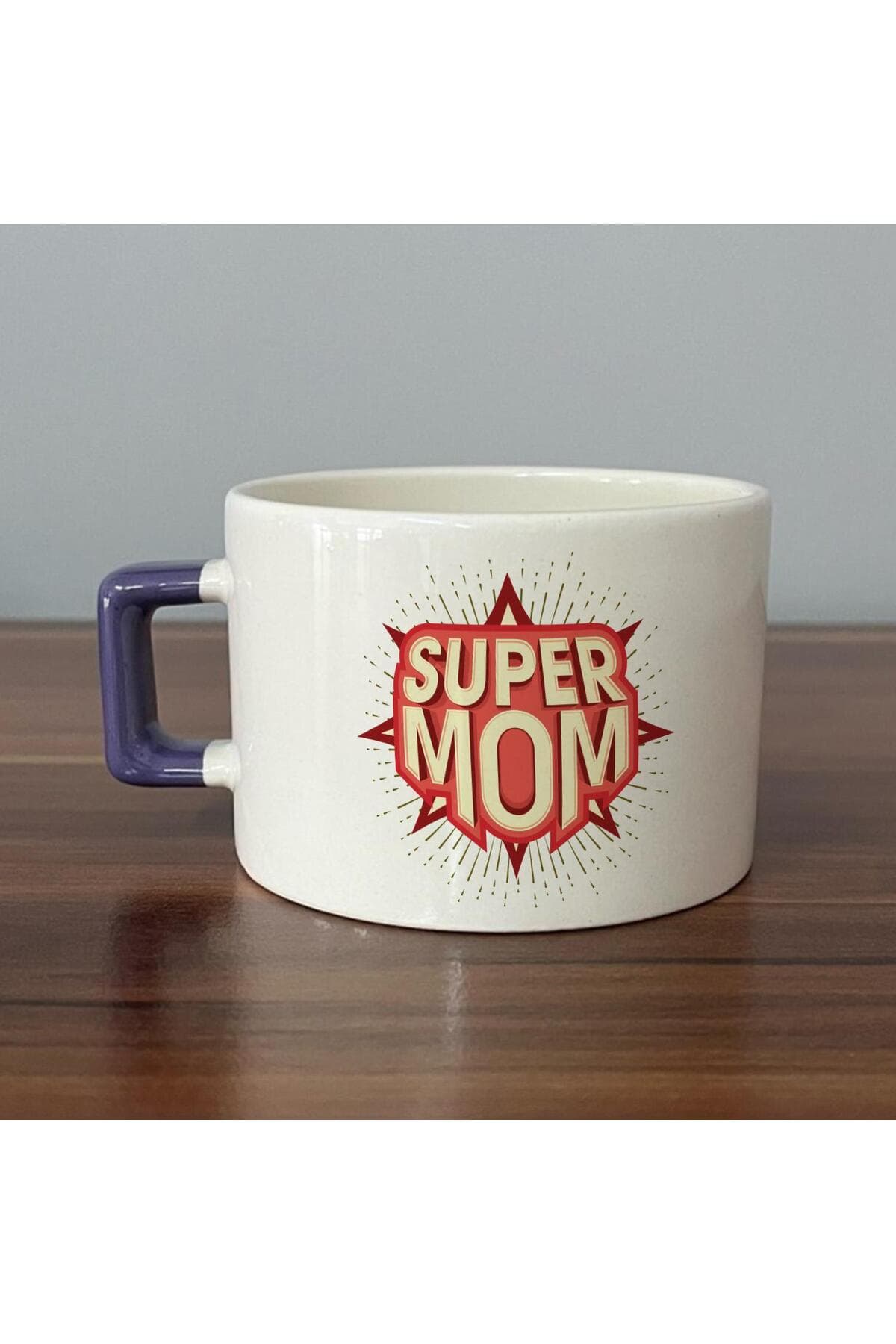 Süper Mom Kırmızı Baskılı Mor Kulplu Kare Espresso Fincanı