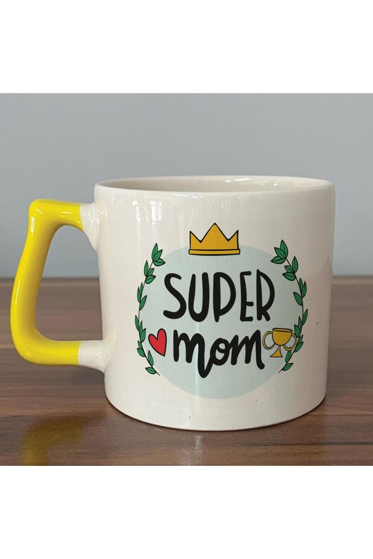 Super Mom Yazı Baskılı Sarı Kulplu Prime Kupa