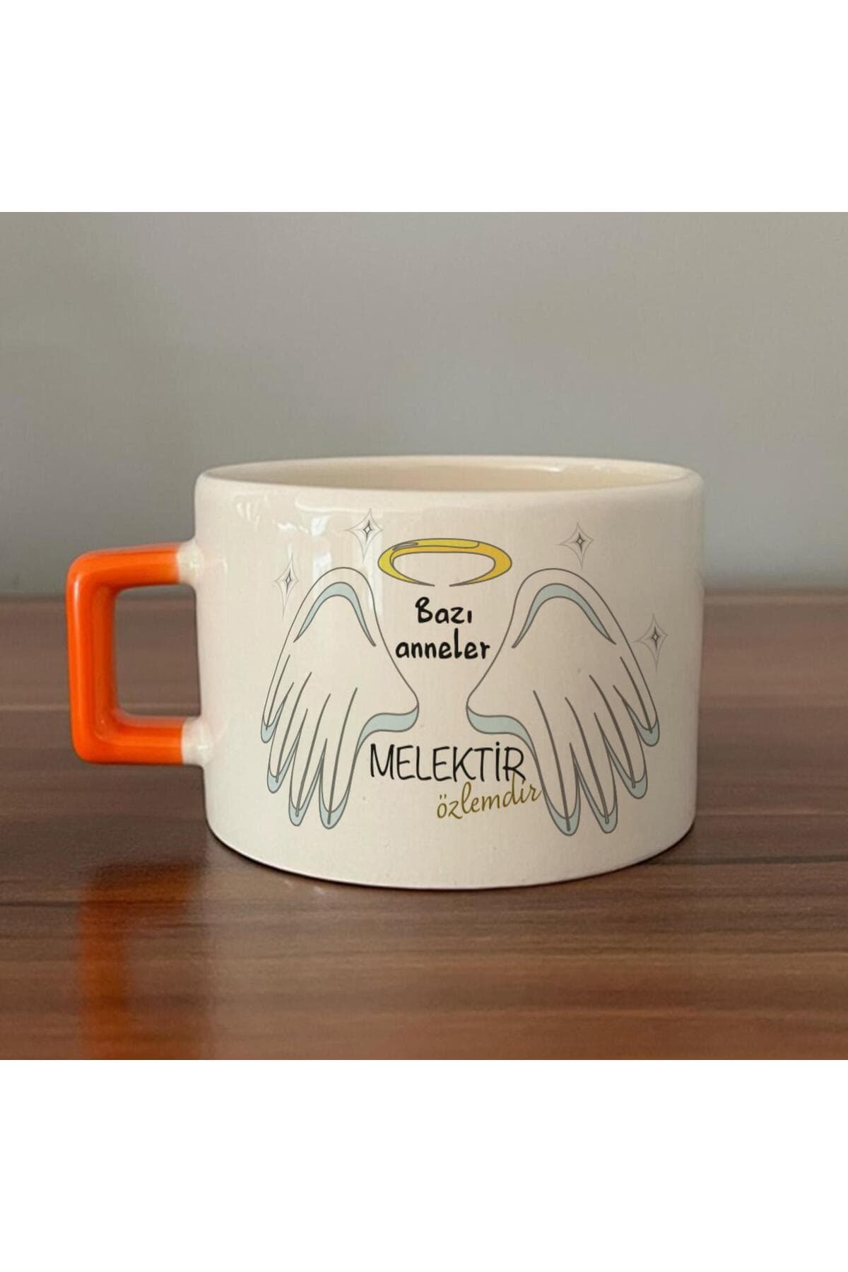 Bazı Anneler Melektir Baskılı Turuncu Kulplu Kare Espresso Fincanı